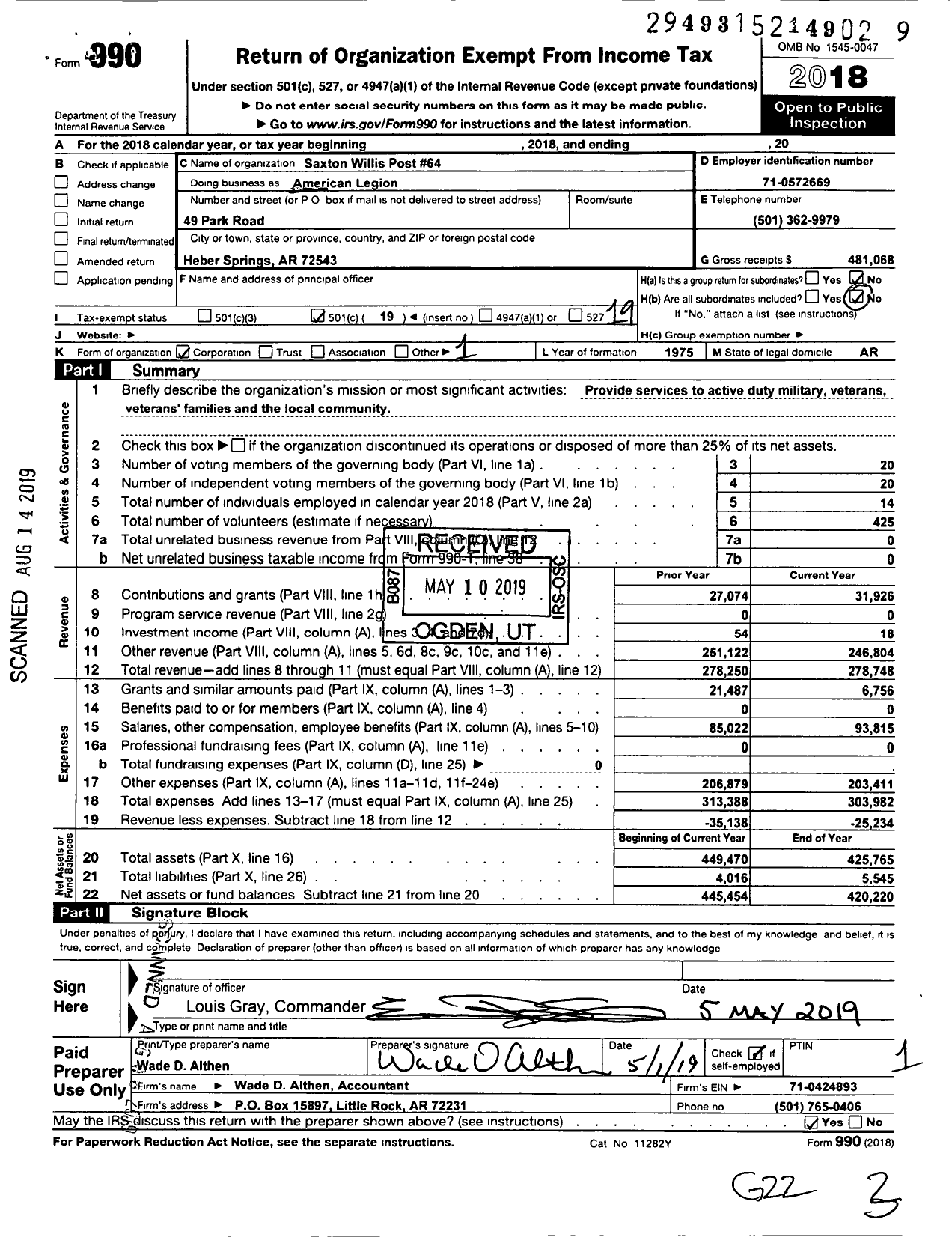 Image of first page of 2018 Form 990O for Saxton Willis Post 64 AMERICAN LEGION