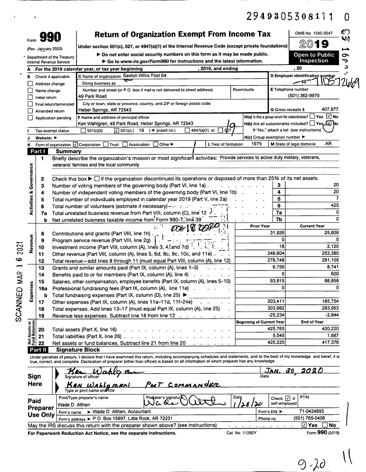 Image of first page of 2019 Form 990O for Saxton Willis Post 64 AMERICAN LEGION