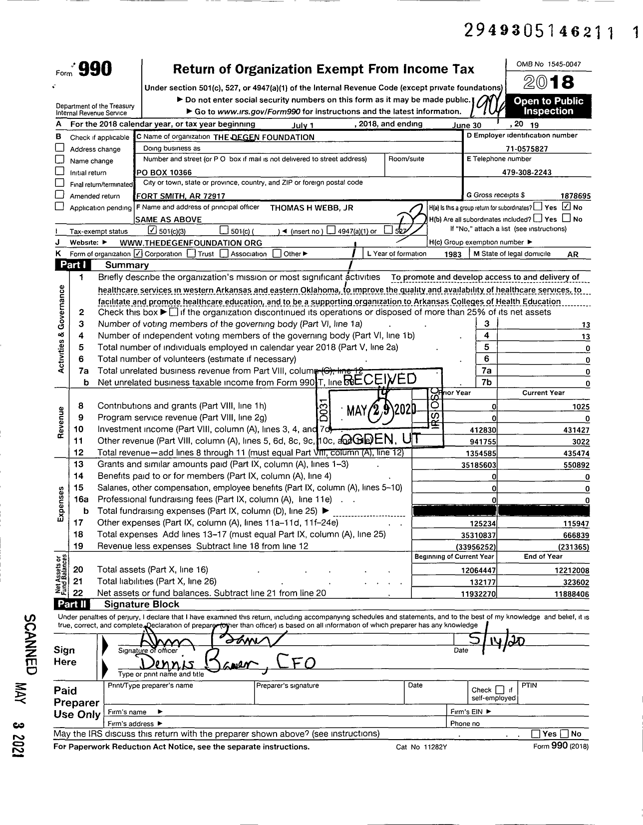 Image of first page of 2018 Form 990 for The Degen Foundation