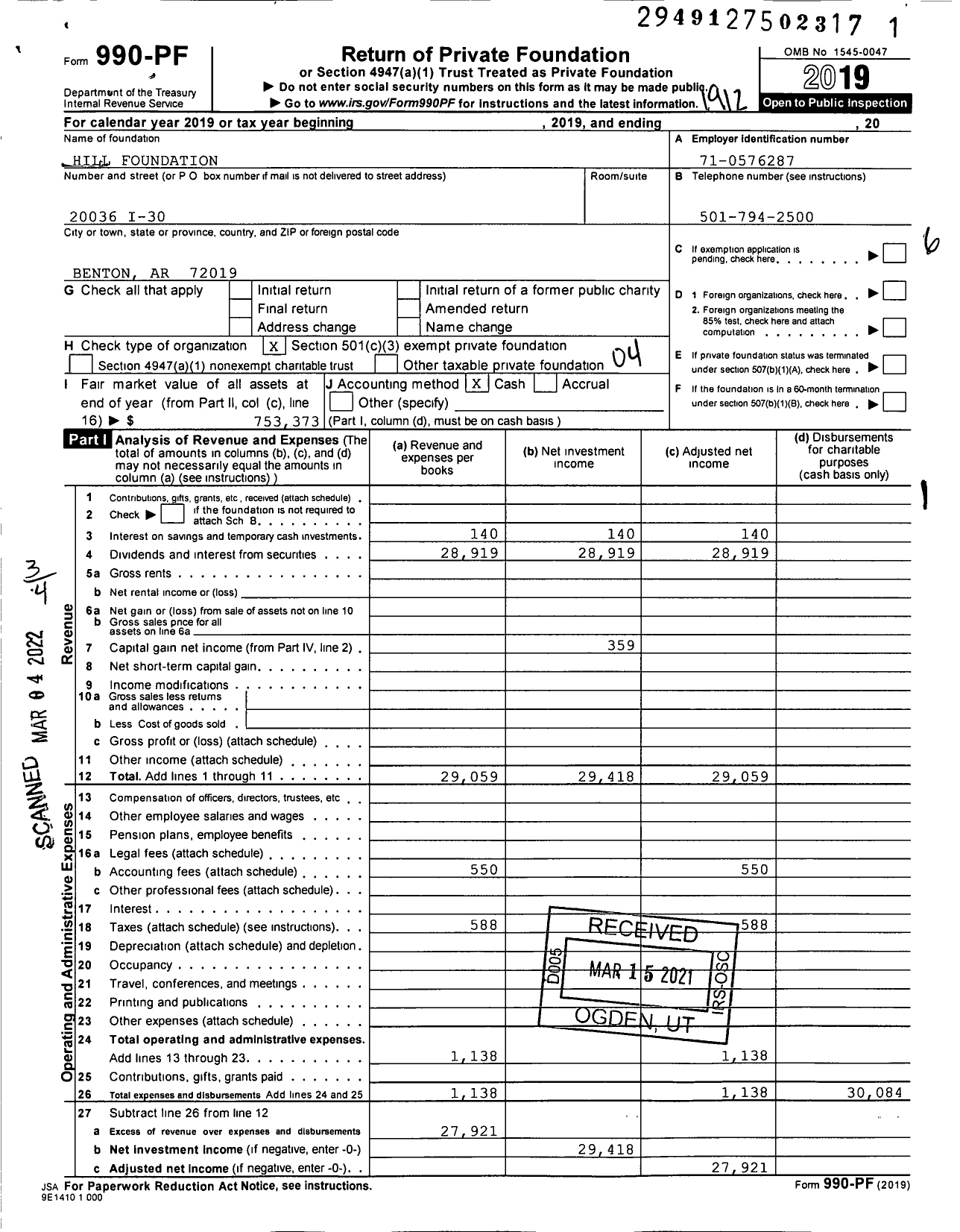 Image of first page of 2019 Form 990PF for Hill Foundation