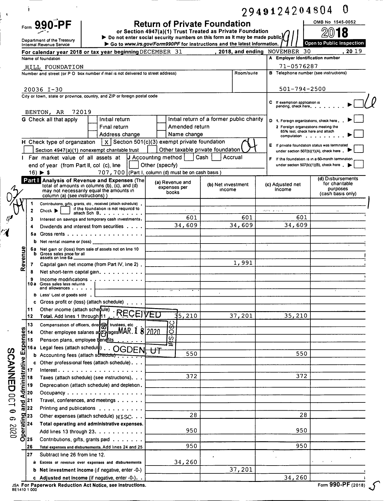 Image of first page of 2018 Form 990PR for Hill Foundation