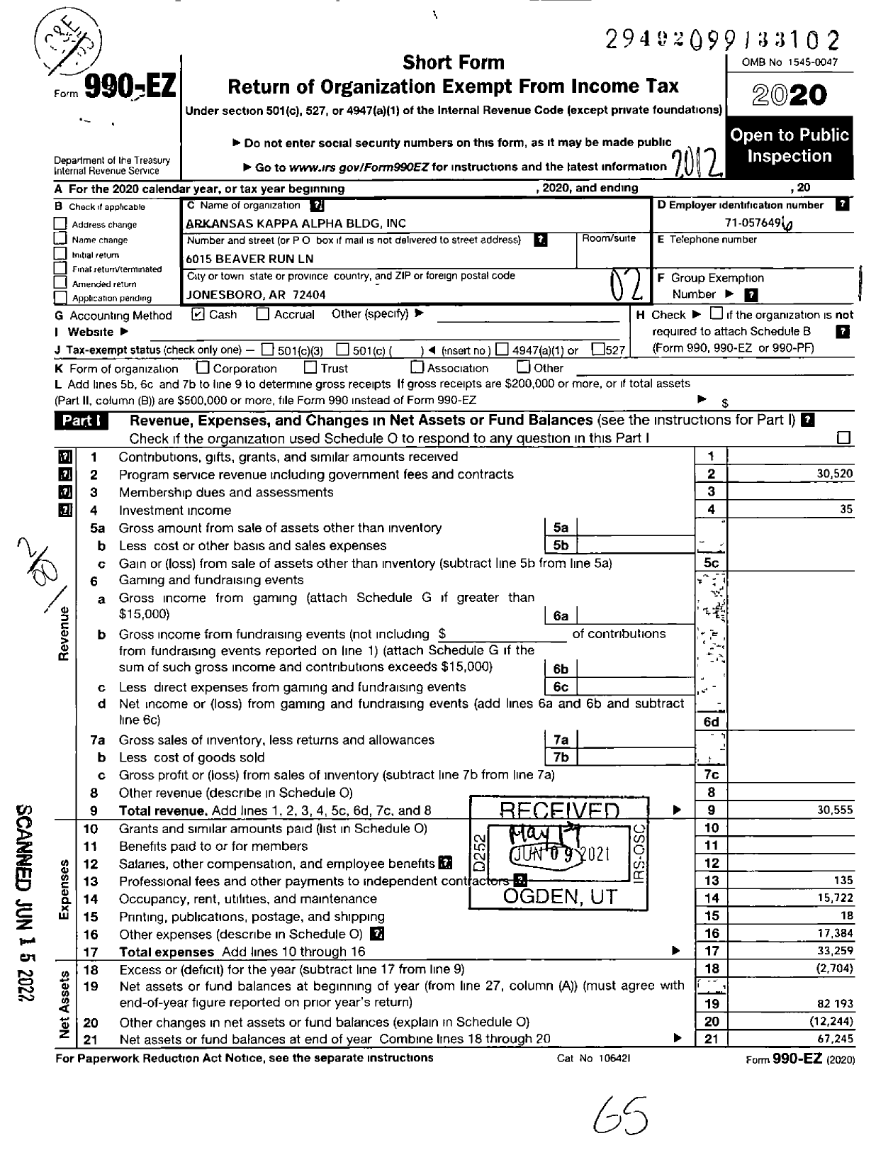 Image of first page of 2020 Form 990EO for Arkansas Kappa Alpha Order Building Corporation