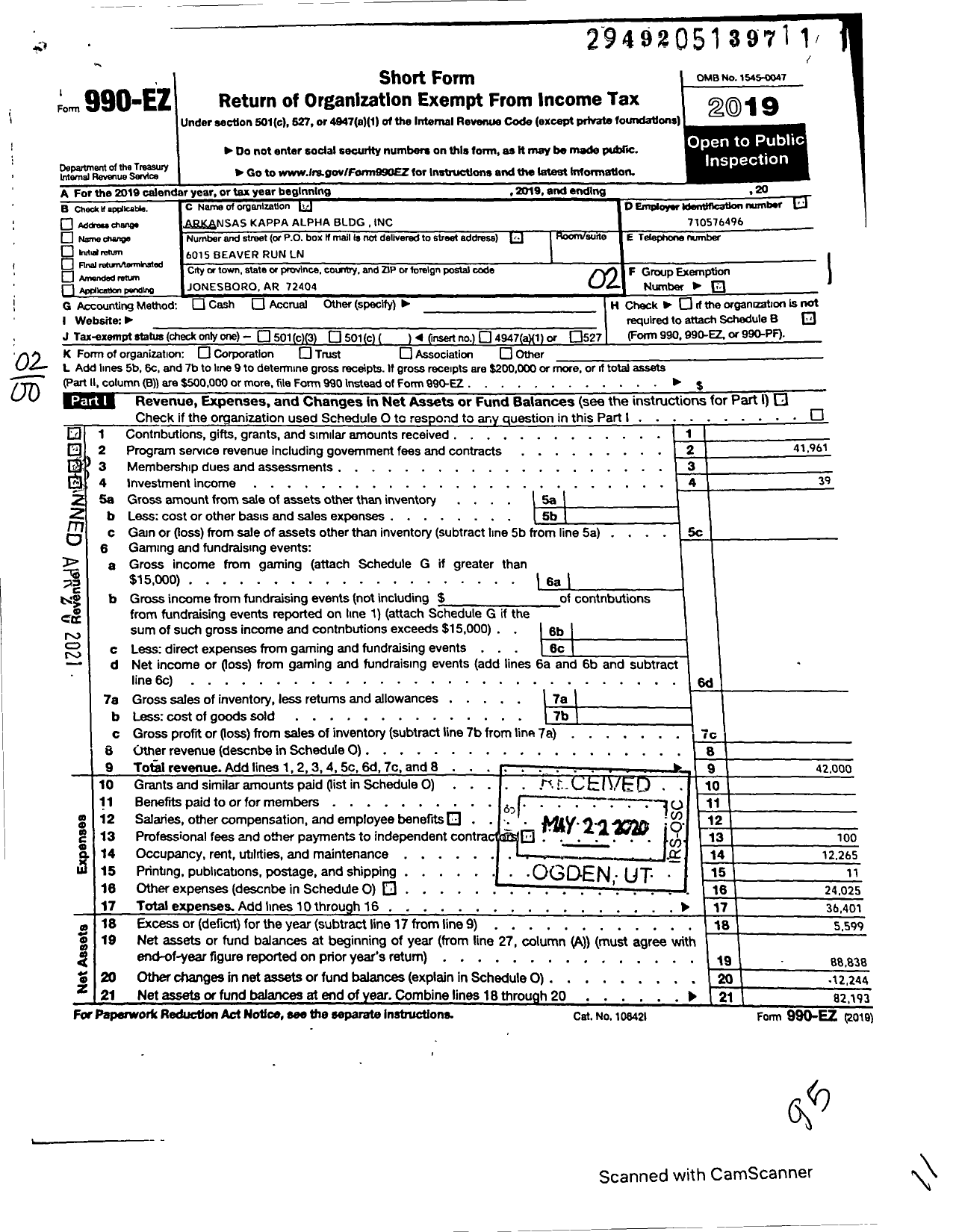 Image of first page of 2019 Form 990EO for Arkansas Kappa Alpha Order Building Corporation