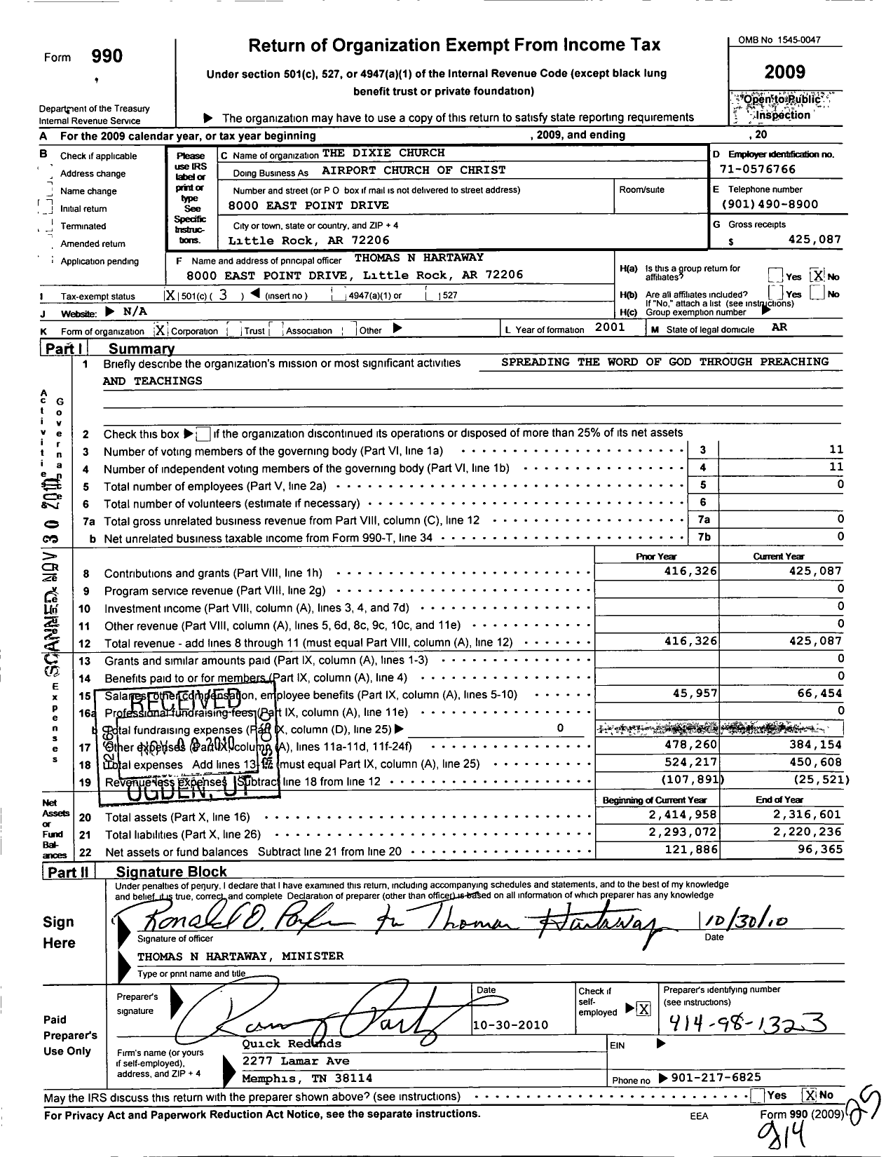 Image of first page of 2009 Form 990 for Dixie Church