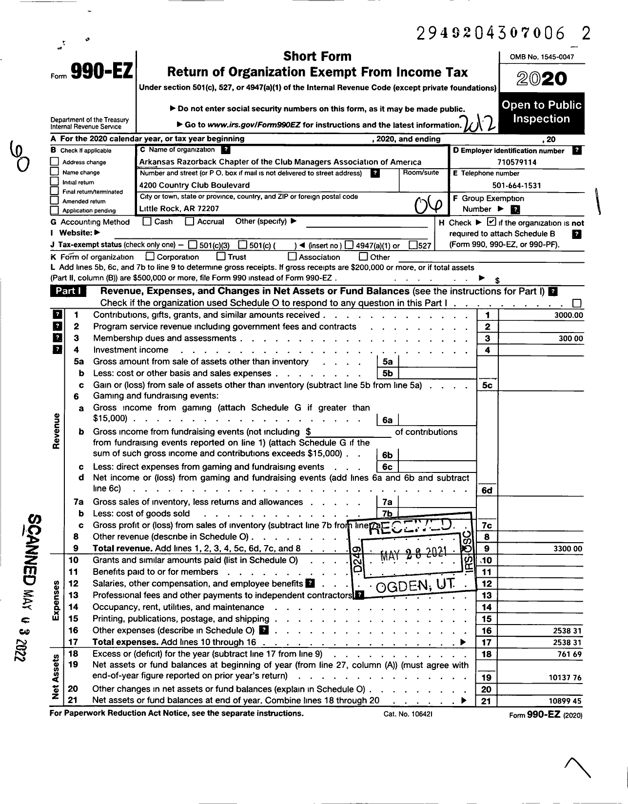 Image of first page of 2020 Form 990EO for Arkansas Razorback Chapter Club Managers Association of America