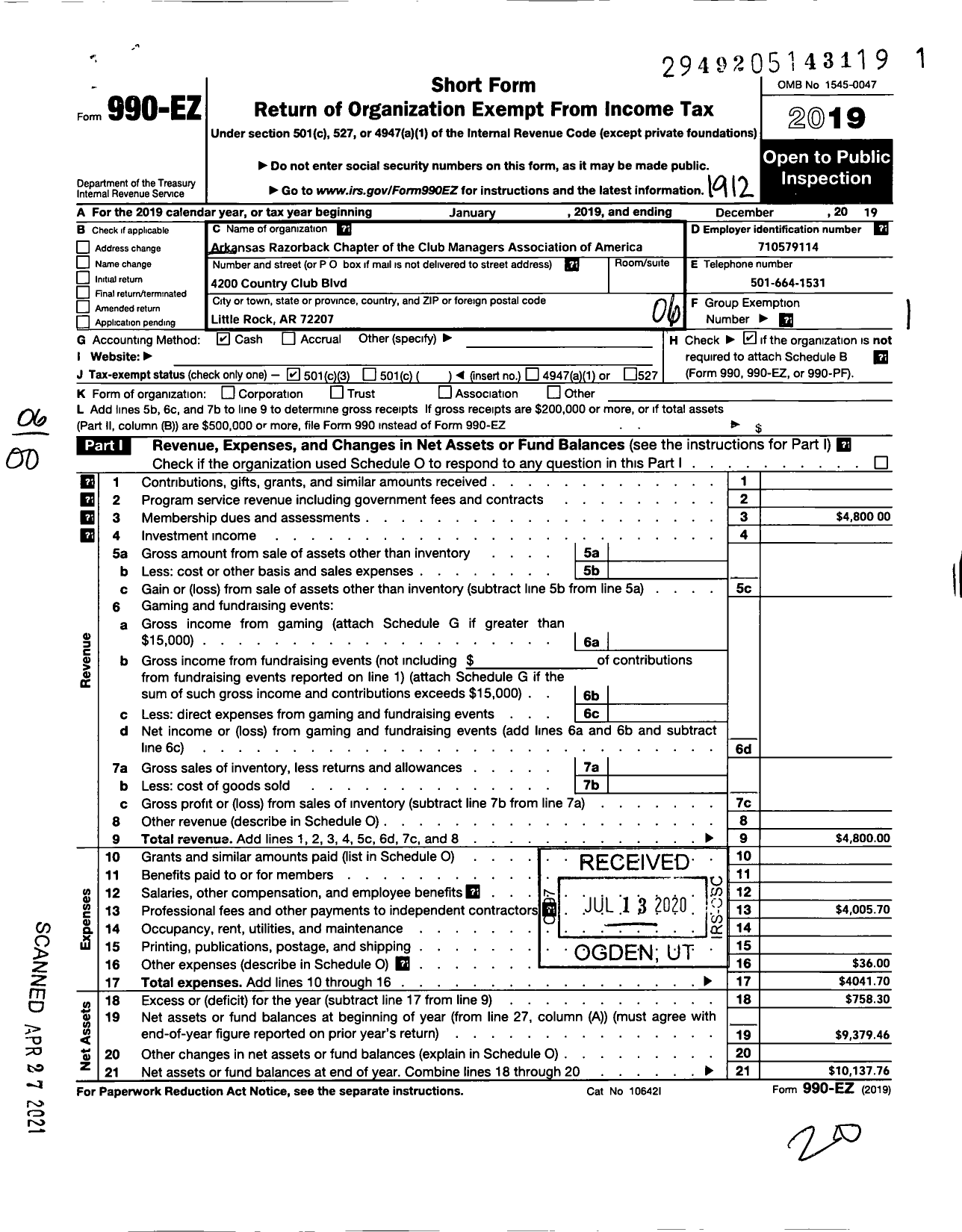 Image of first page of 2019 Form 990EO for Arkansas Razorback Chapter Club Managers Association of America