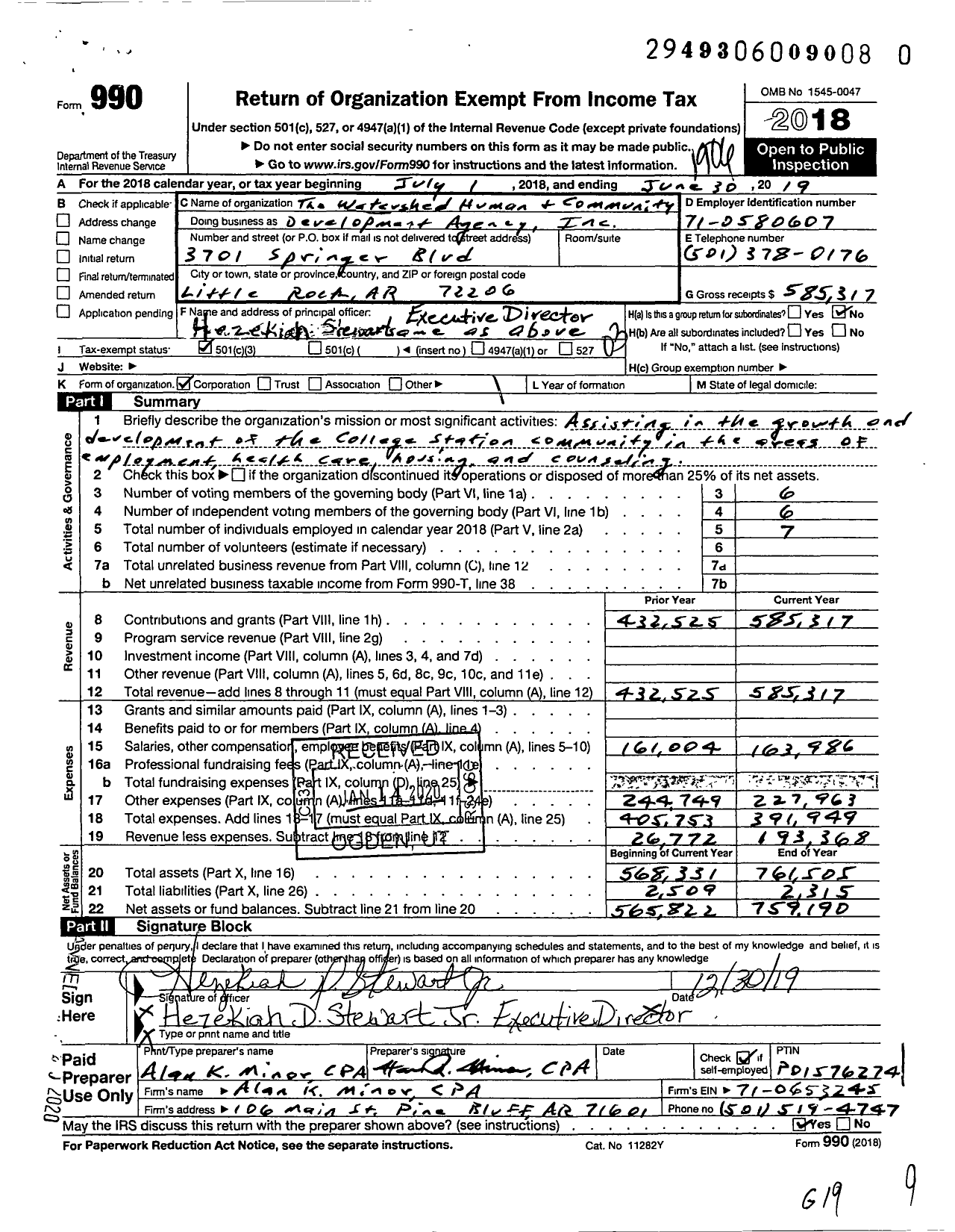 Image of first page of 2018 Form 990 for Watershed Human and Community Development Agency