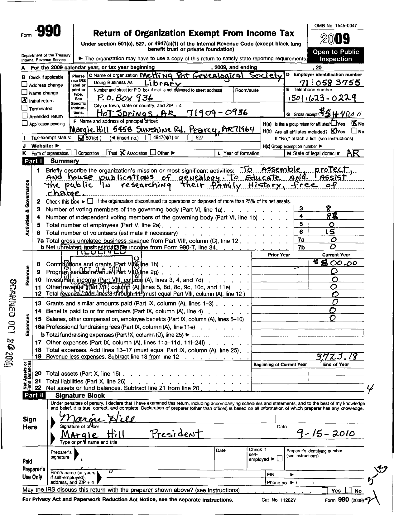 Image of first page of 2009 Form 990O for Melting Pot Genealogical Society