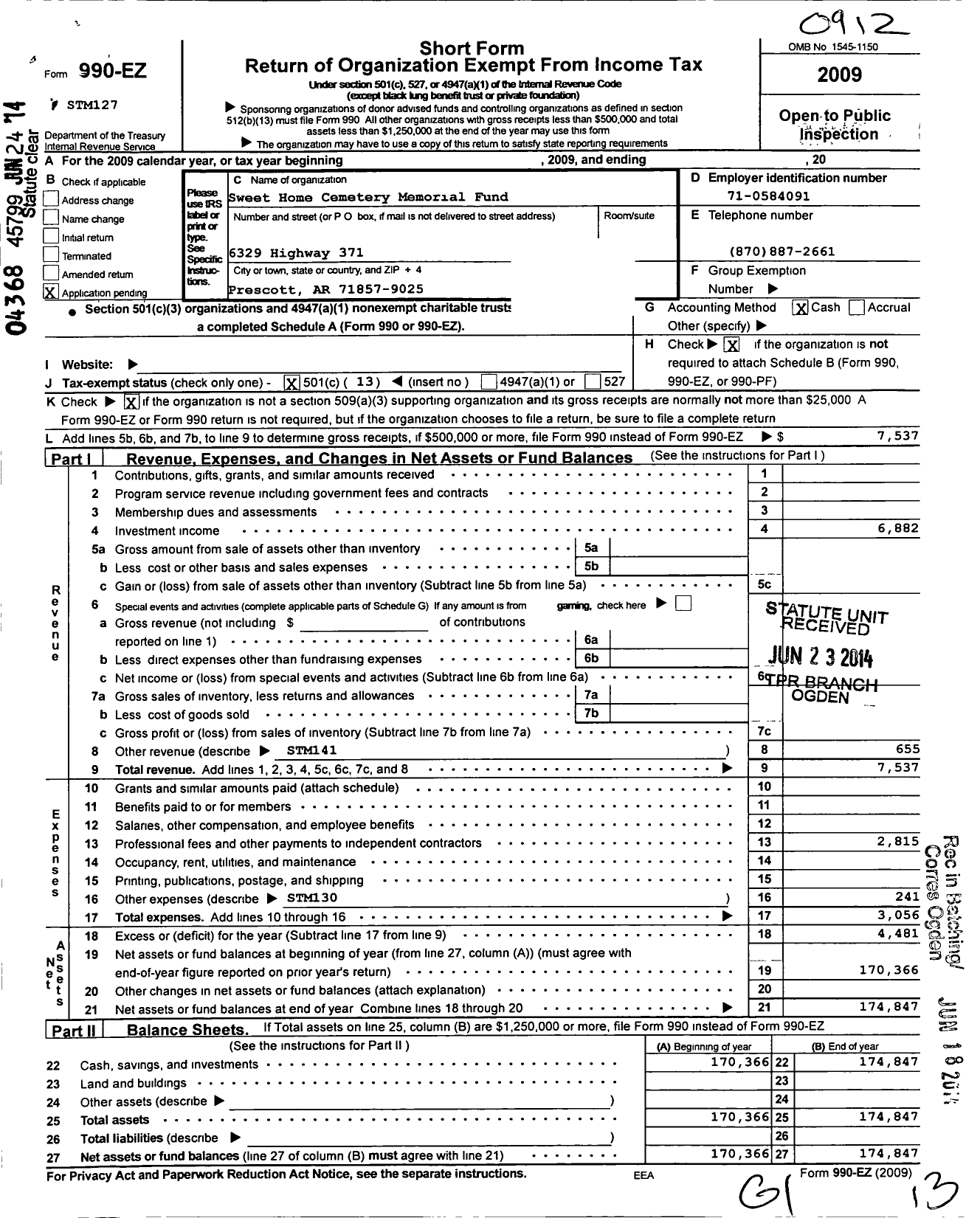 Image of first page of 2009 Form 990EO for Sweet Home Cemetary Memorial Fund Association