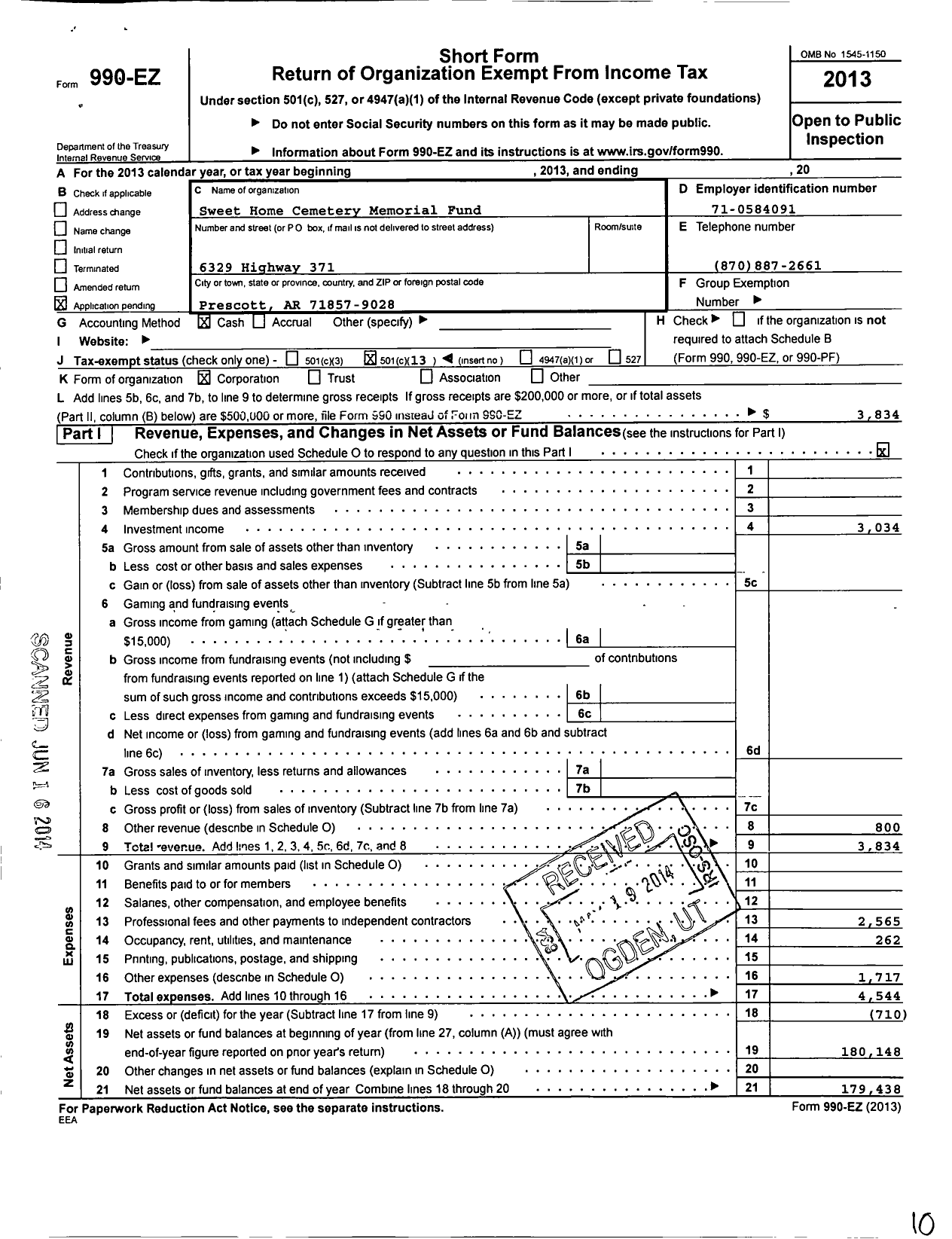 Image of first page of 2013 Form 990EO for Sweet Home Cemetary Memorial Fund Association