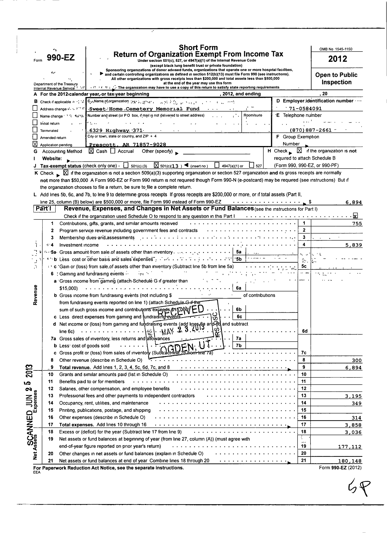 Image of first page of 2012 Form 990EO for Sweet Home Cemetary Memorial Fund Association