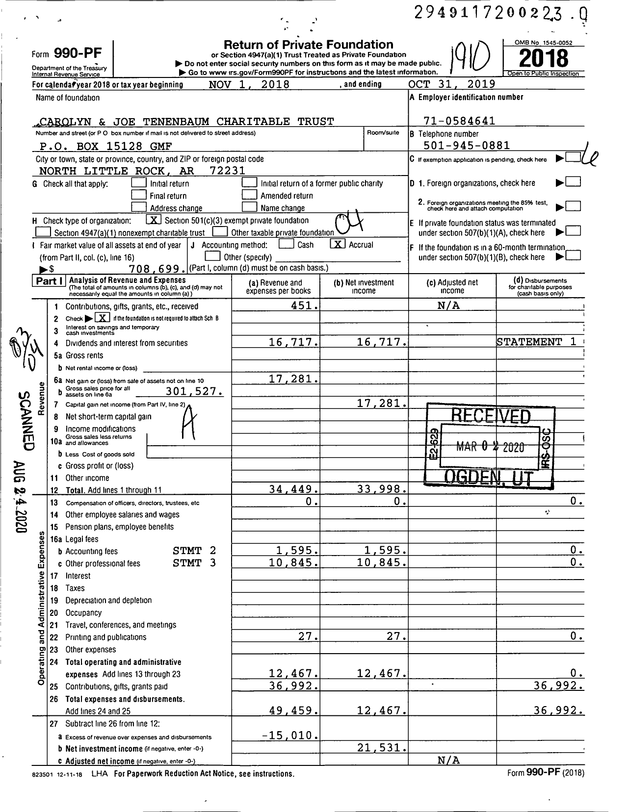 Image of first page of 2018 Form 990PR for Carolyn and Joe Tenenbaum Charitable Trust