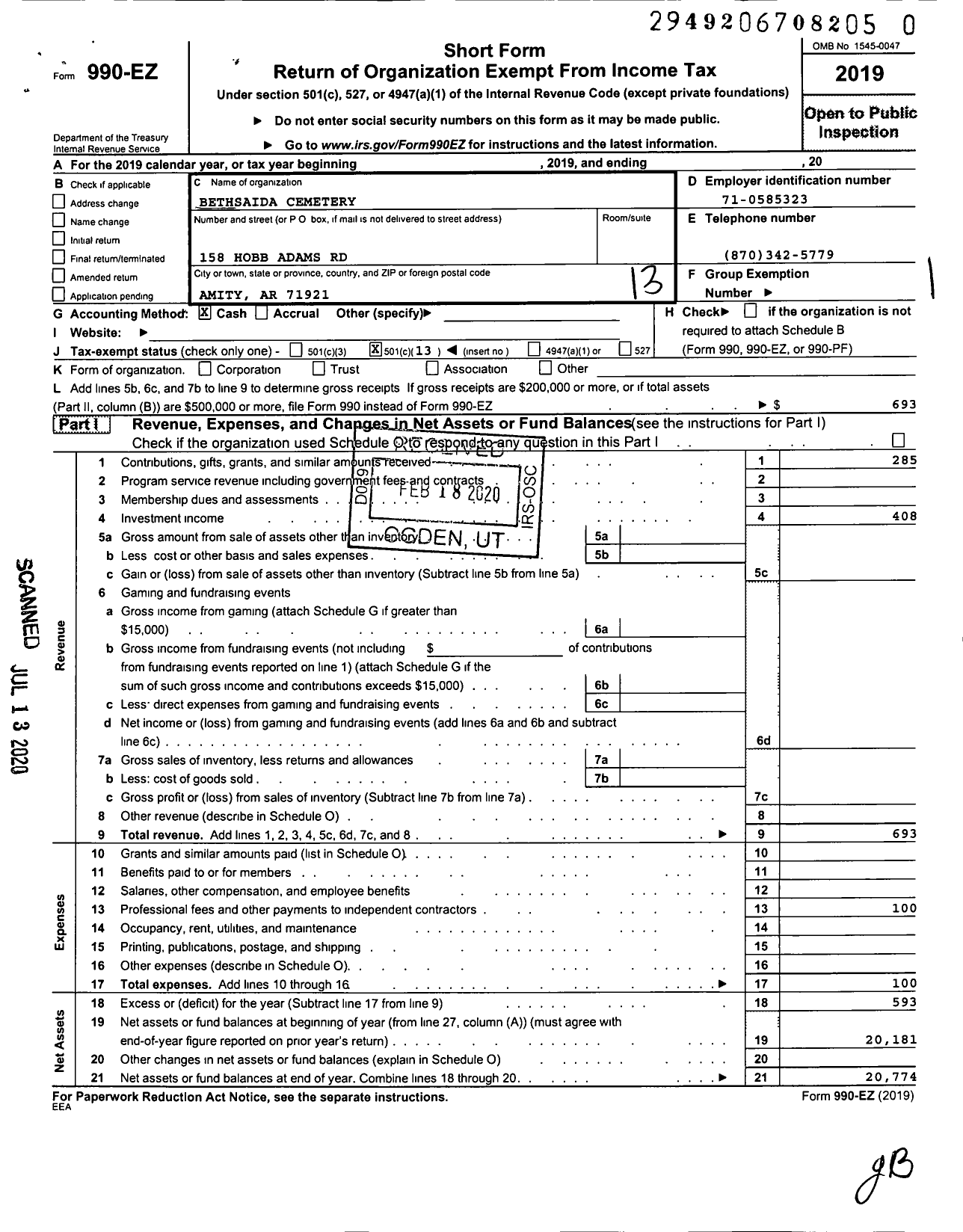 Image of first page of 2019 Form 990EO for Bethsaida Cemetery