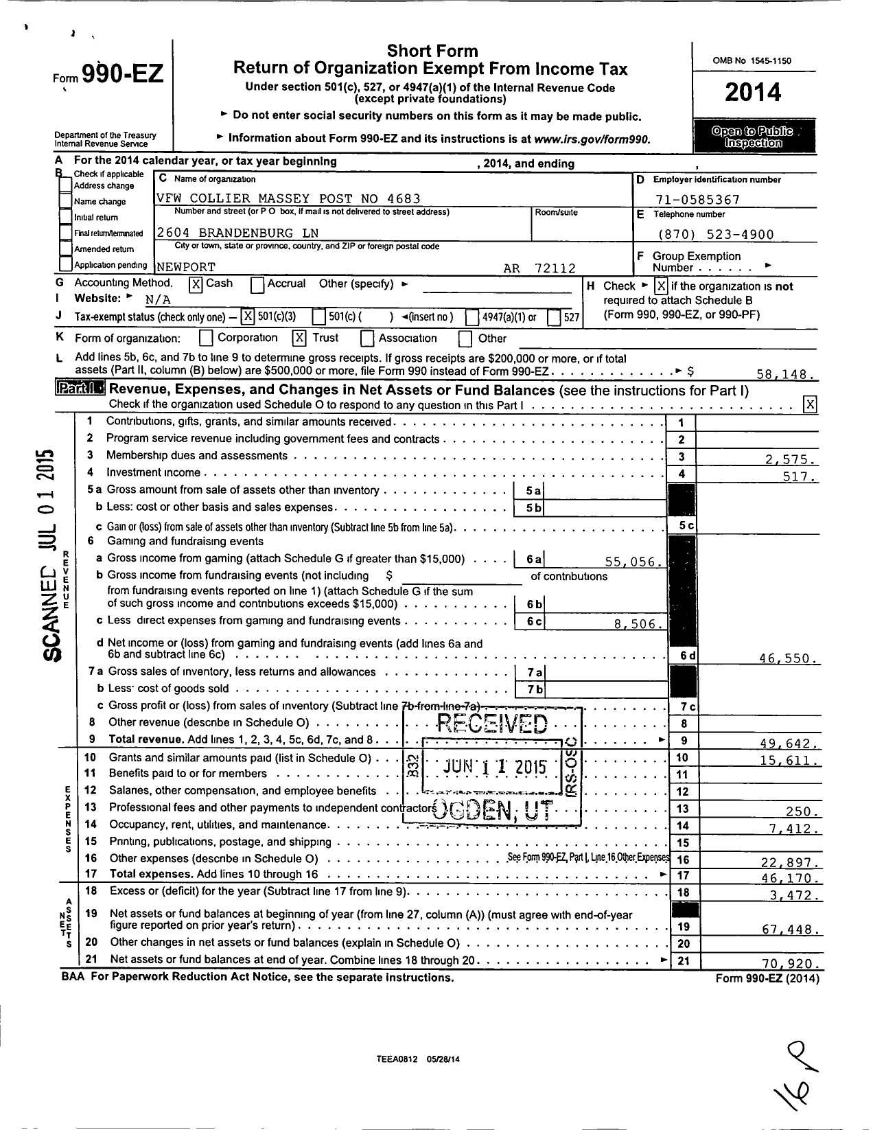 Image of first page of 2014 Form 990EZ for Veterans of Foreign Wars Department of Arkansas - 4683 Collier-Massey