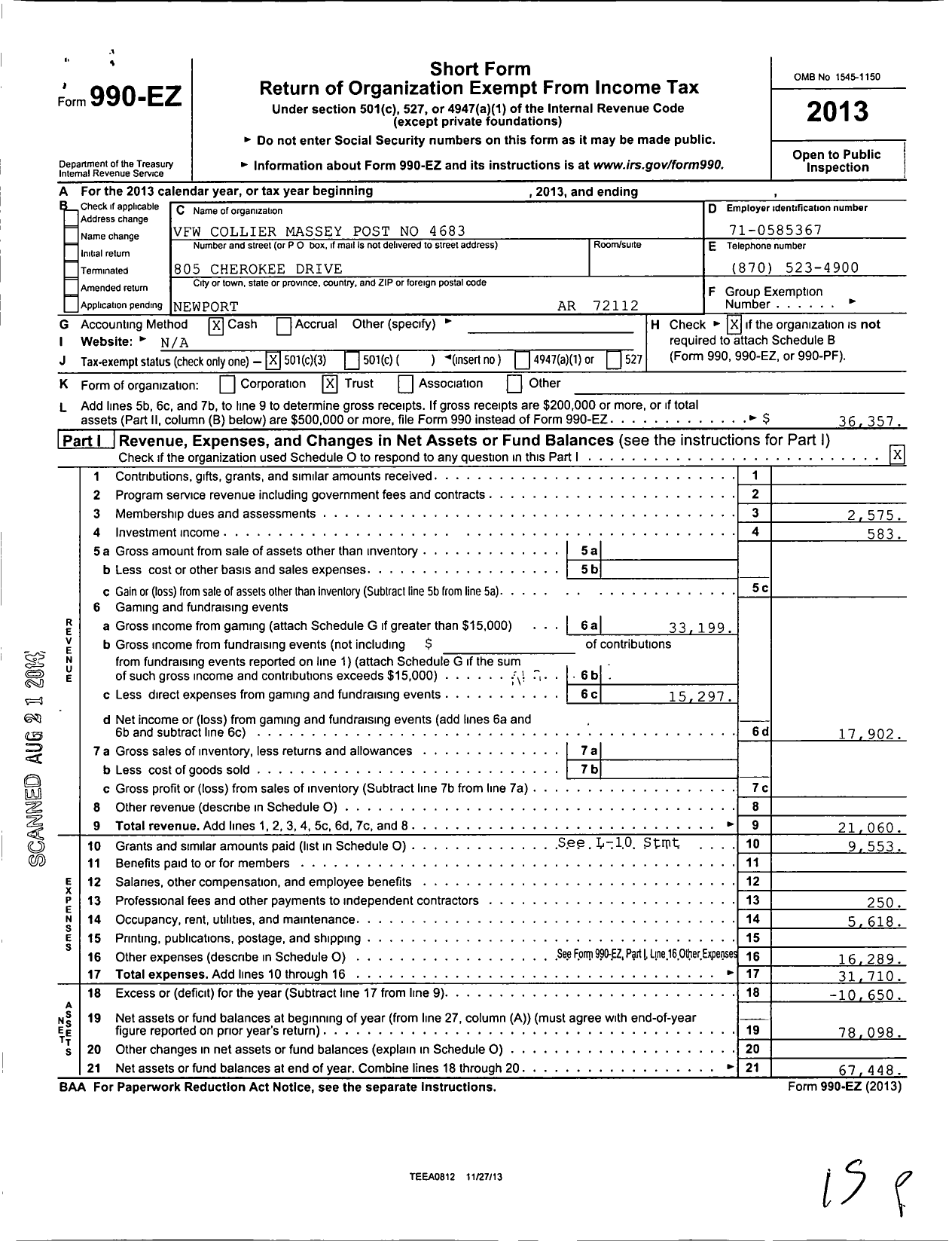 Image of first page of 2013 Form 990EZ for Veterans of Foreign Wars Department of Arkansas - 4683 Collier-Massey