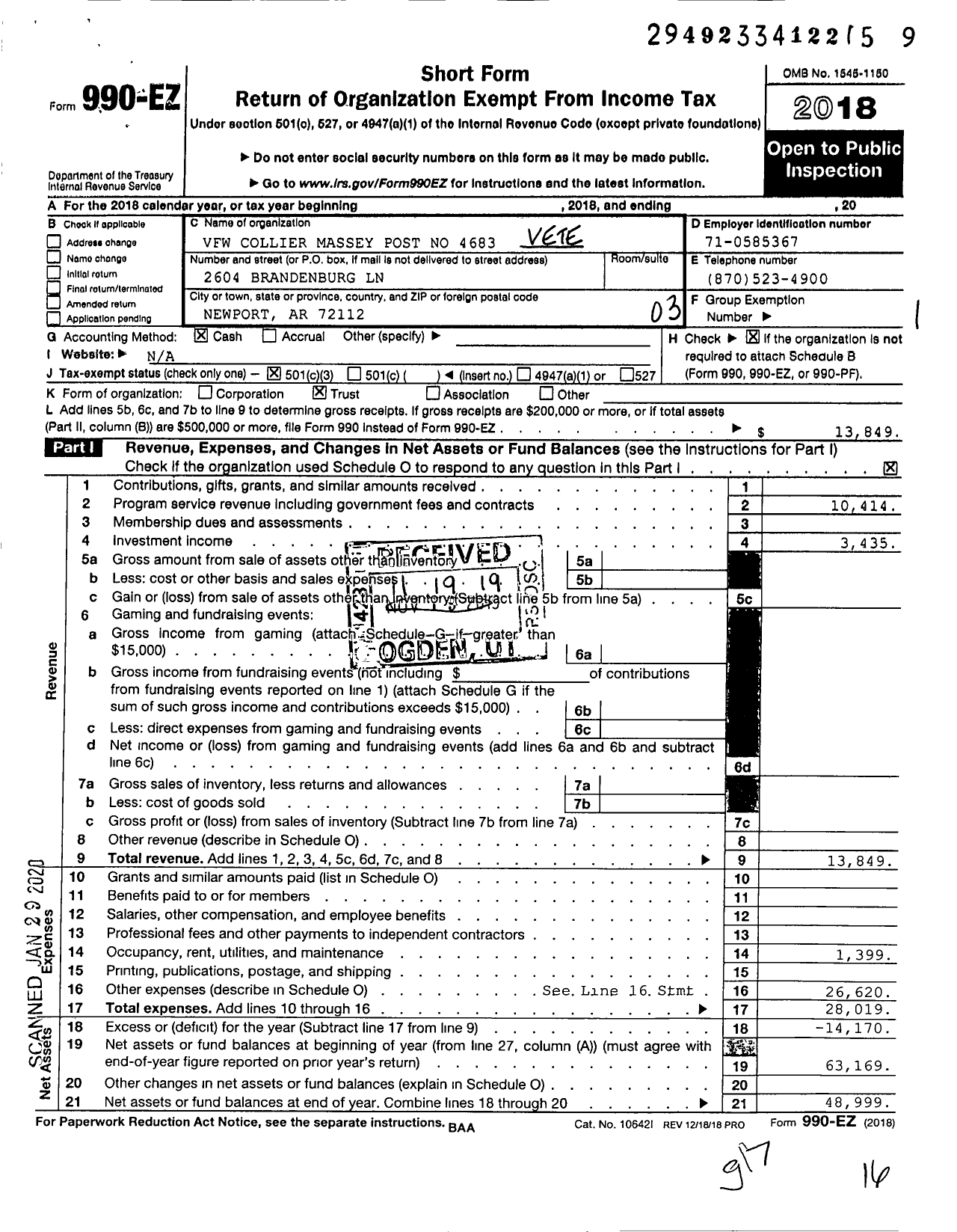 Image of first page of 2018 Form 990EZ for Veterans of Foreign Wars Department of Arkansas - 4683 Collier-Massey