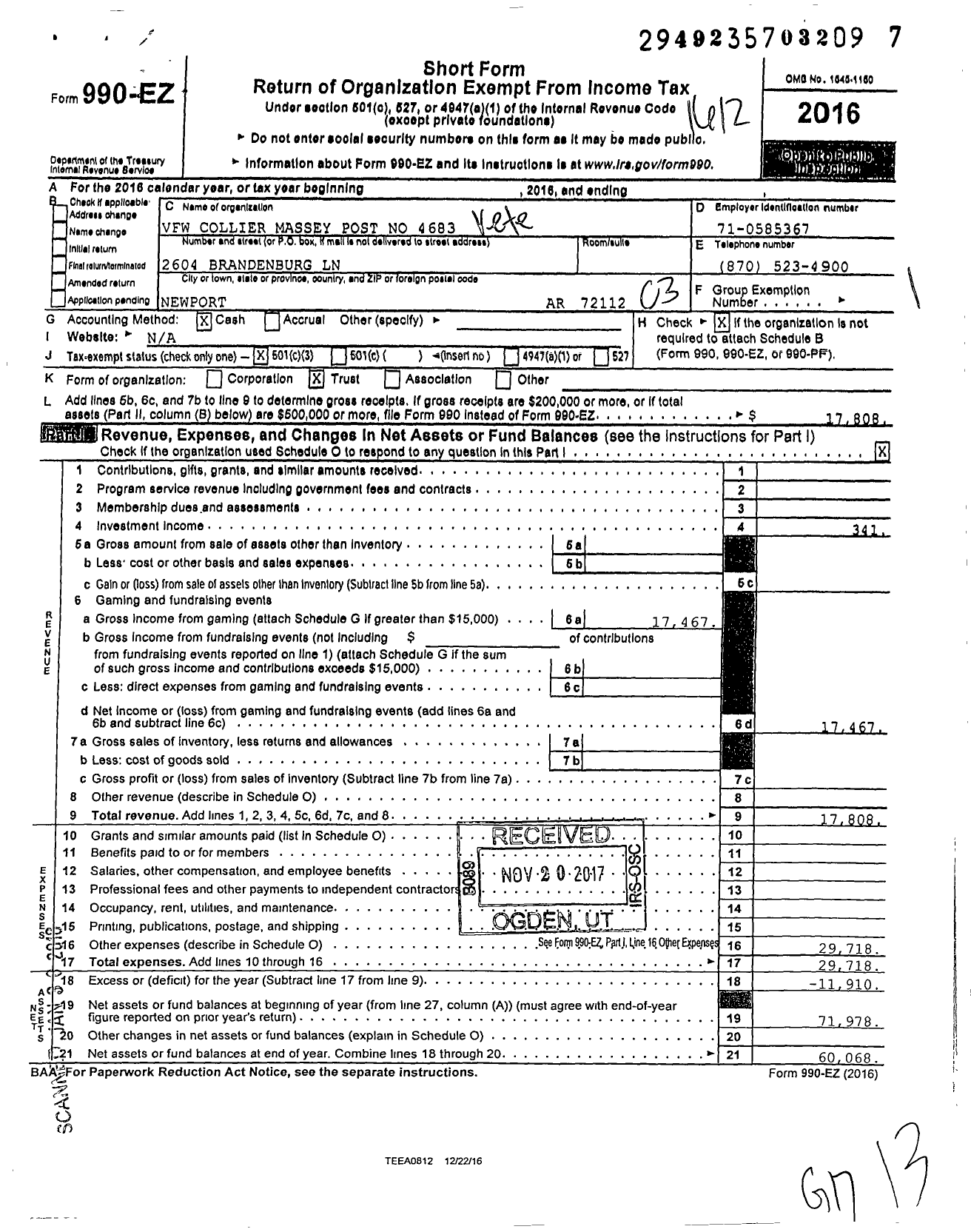 Image of first page of 2016 Form 990EZ for Veterans of Foreign Wars Department of Arkansas - 4683 Collier-Massey