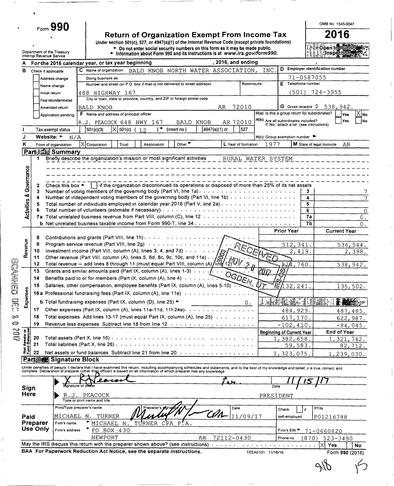 Image of first page of 2016 Form 990O for Bald Knob North Water Association