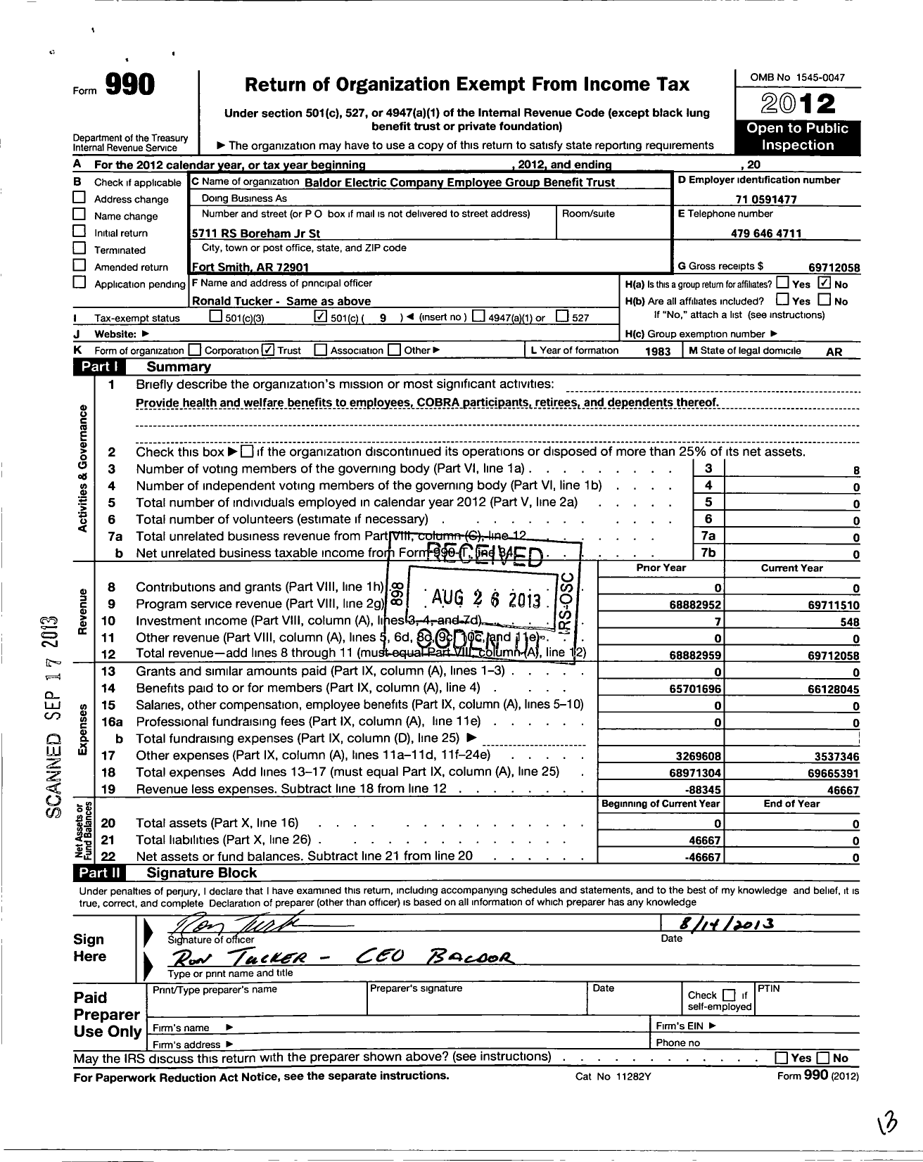 Image of first page of 2012 Form 990O for Baldor Electric Company Employee Group Benefit Trust
