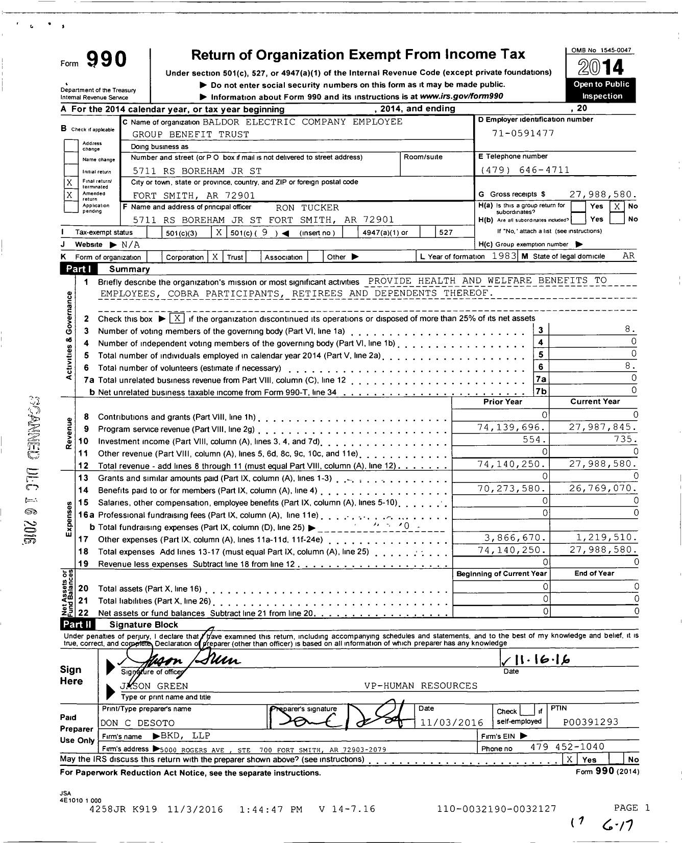 Image of first page of 2014 Form 990O for Baldor Electric Company Employee Group Benefit Trust