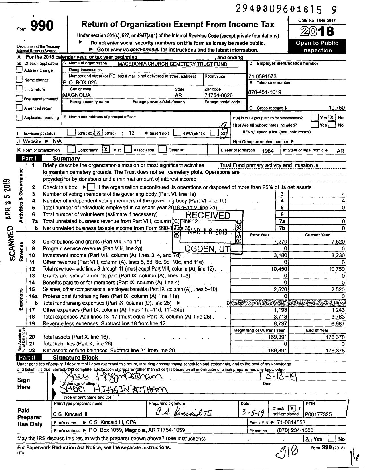 Image of first page of 2018 Form 990O for Macedonia Church Cemetery Trust Fund