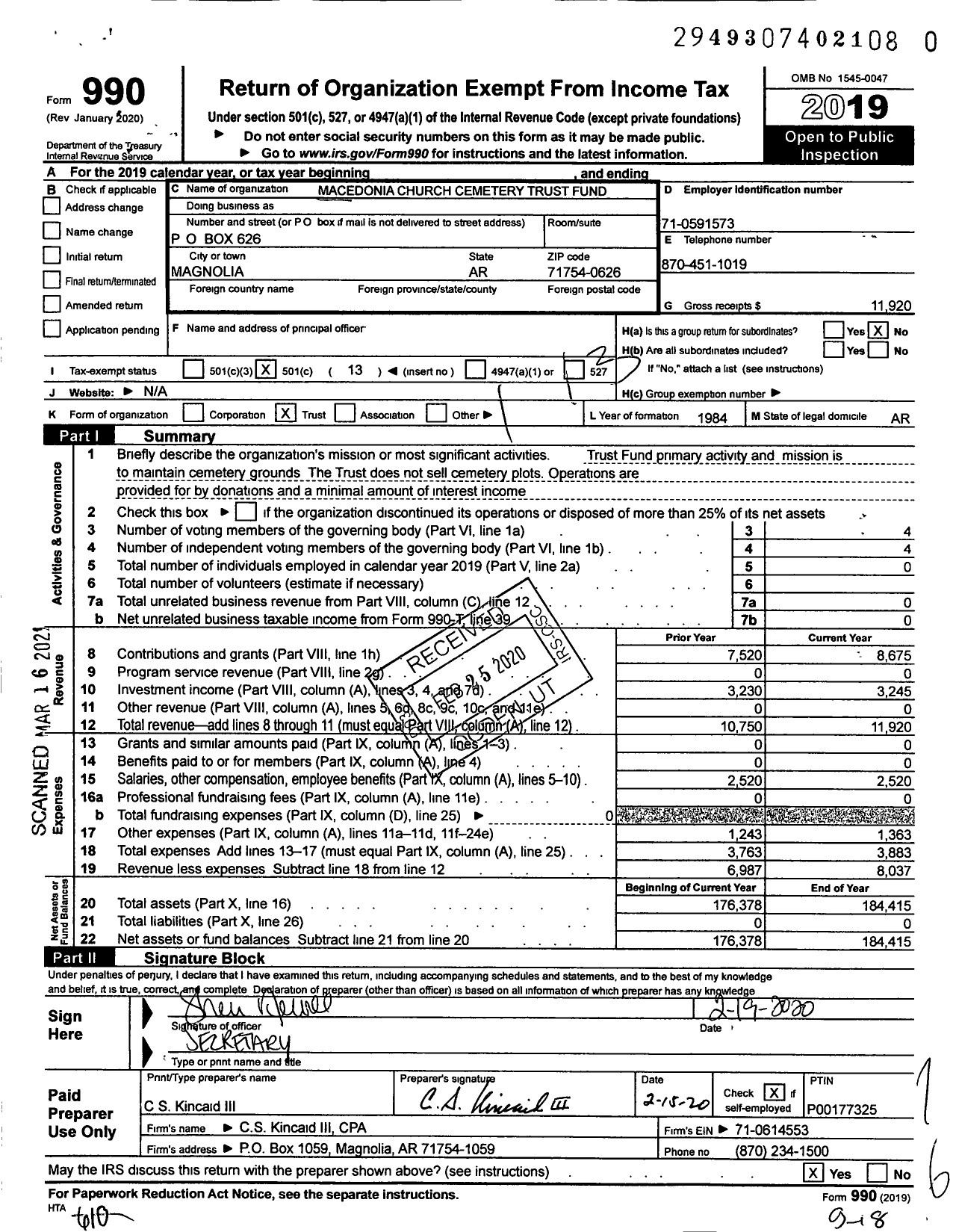 Image of first page of 2019 Form 990O for Macedonia Church Cemetery Trust Fund