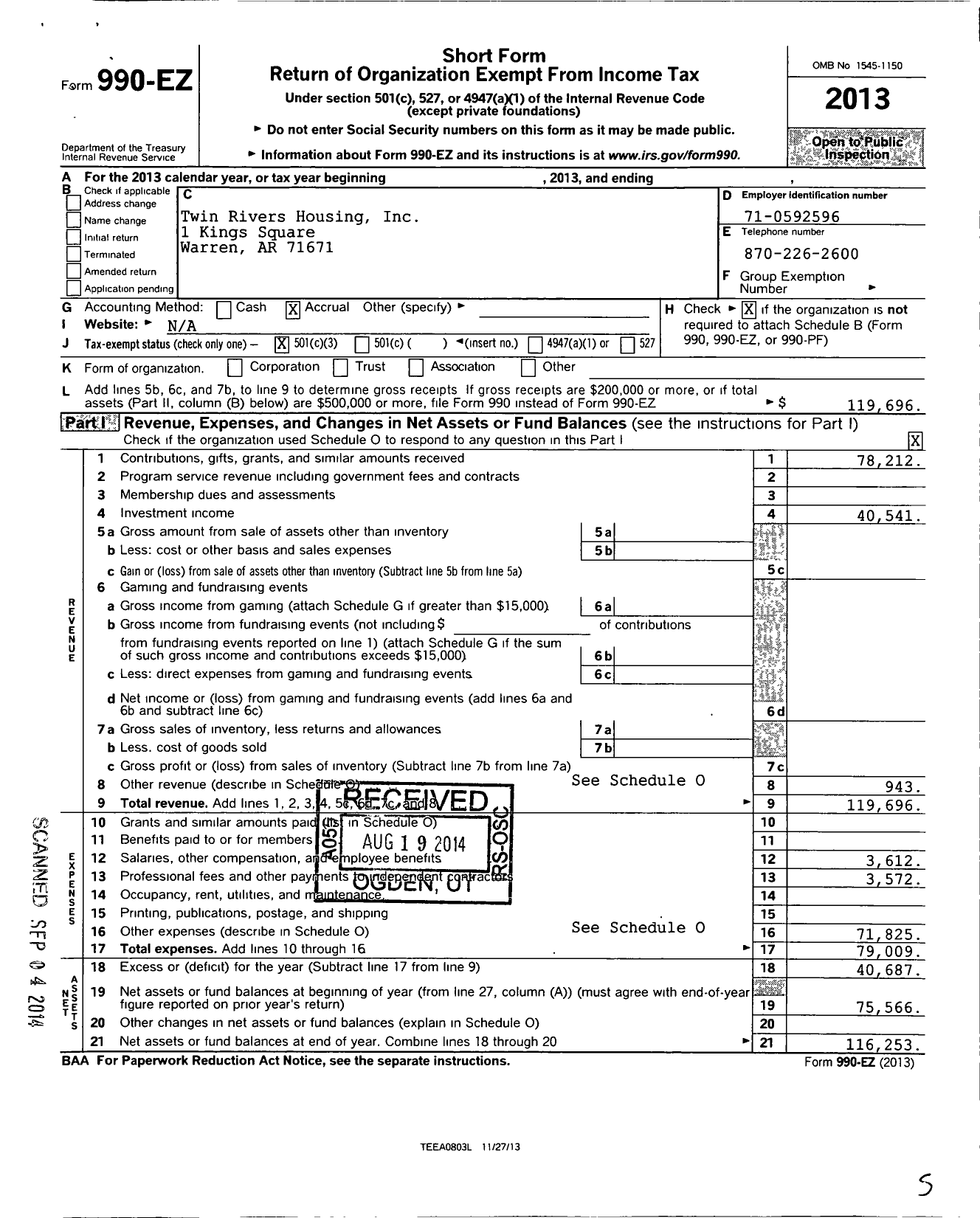 Image of first page of 2013 Form 990EZ for Twin Rivers Housing