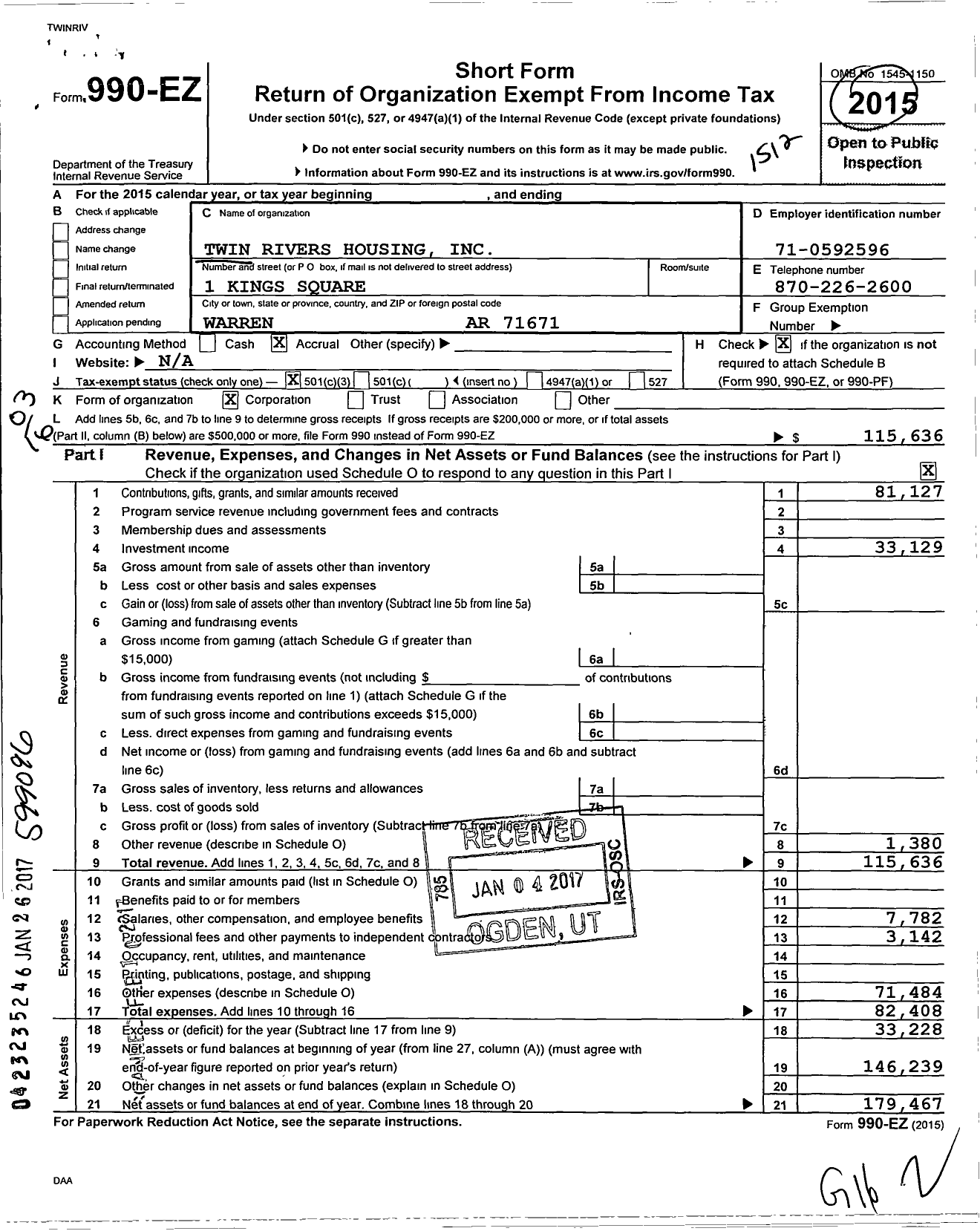 Image of first page of 2015 Form 990EZ for Twin Rivers Housing