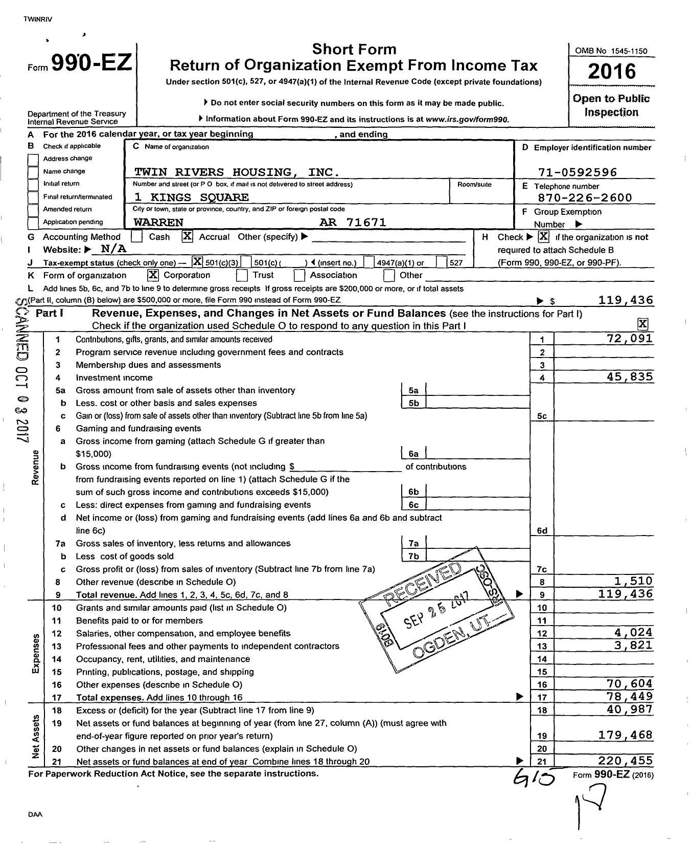 Image of first page of 2016 Form 990EZ for Twin Rivers Housing