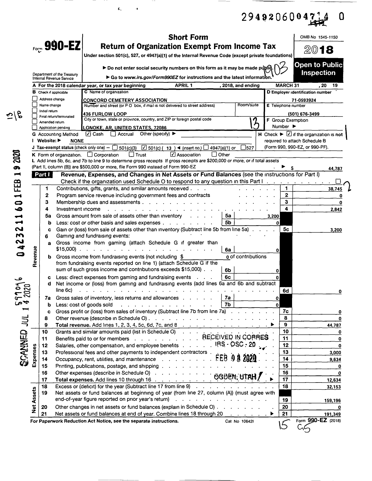 Image of first page of 2018 Form 990EO for Concord Cemetery Association