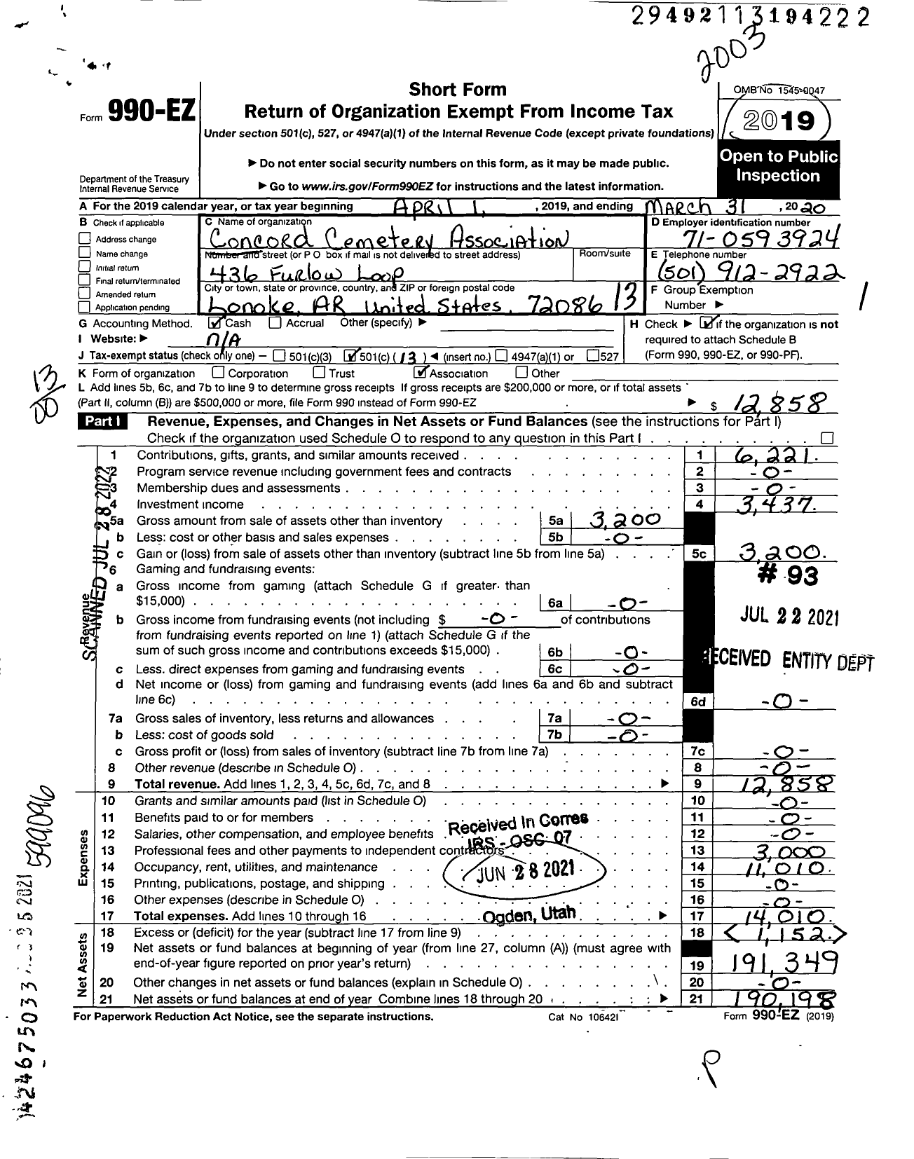 Image of first page of 2019 Form 990EO for Concord Cemetery Association