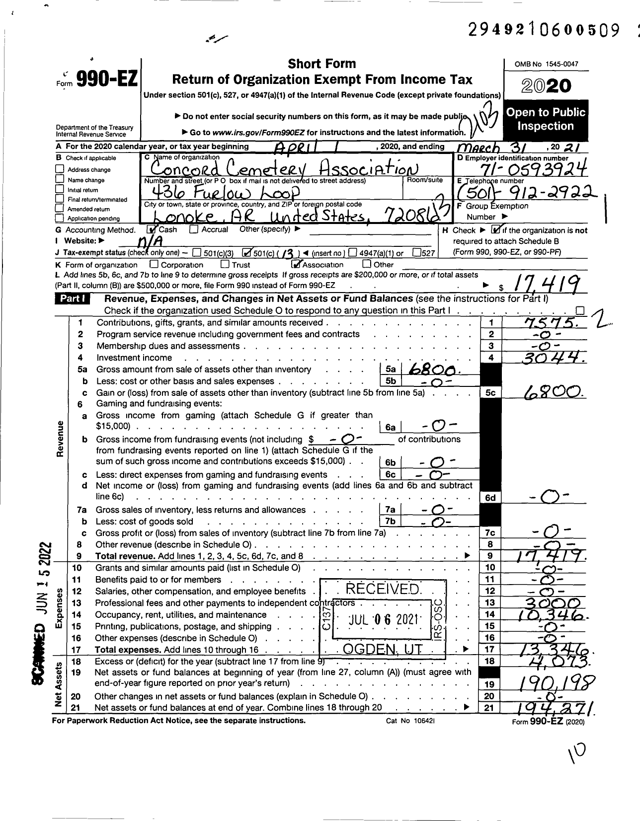 Image of first page of 2020 Form 990EO for Concord Cemetery Association