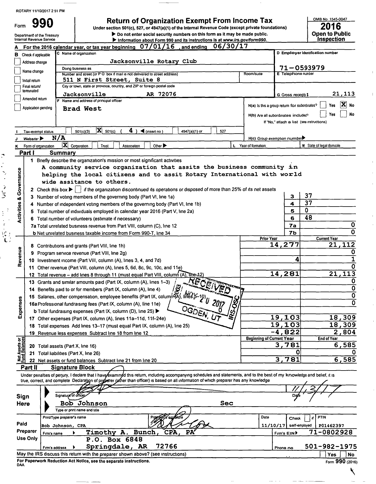 Image of first page of 2016 Form 990O for Jacksonville Rotary Club