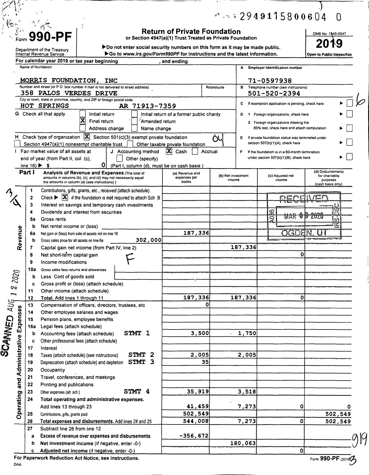 Image of first page of 2019 Form 990PR for Morris Foundation
