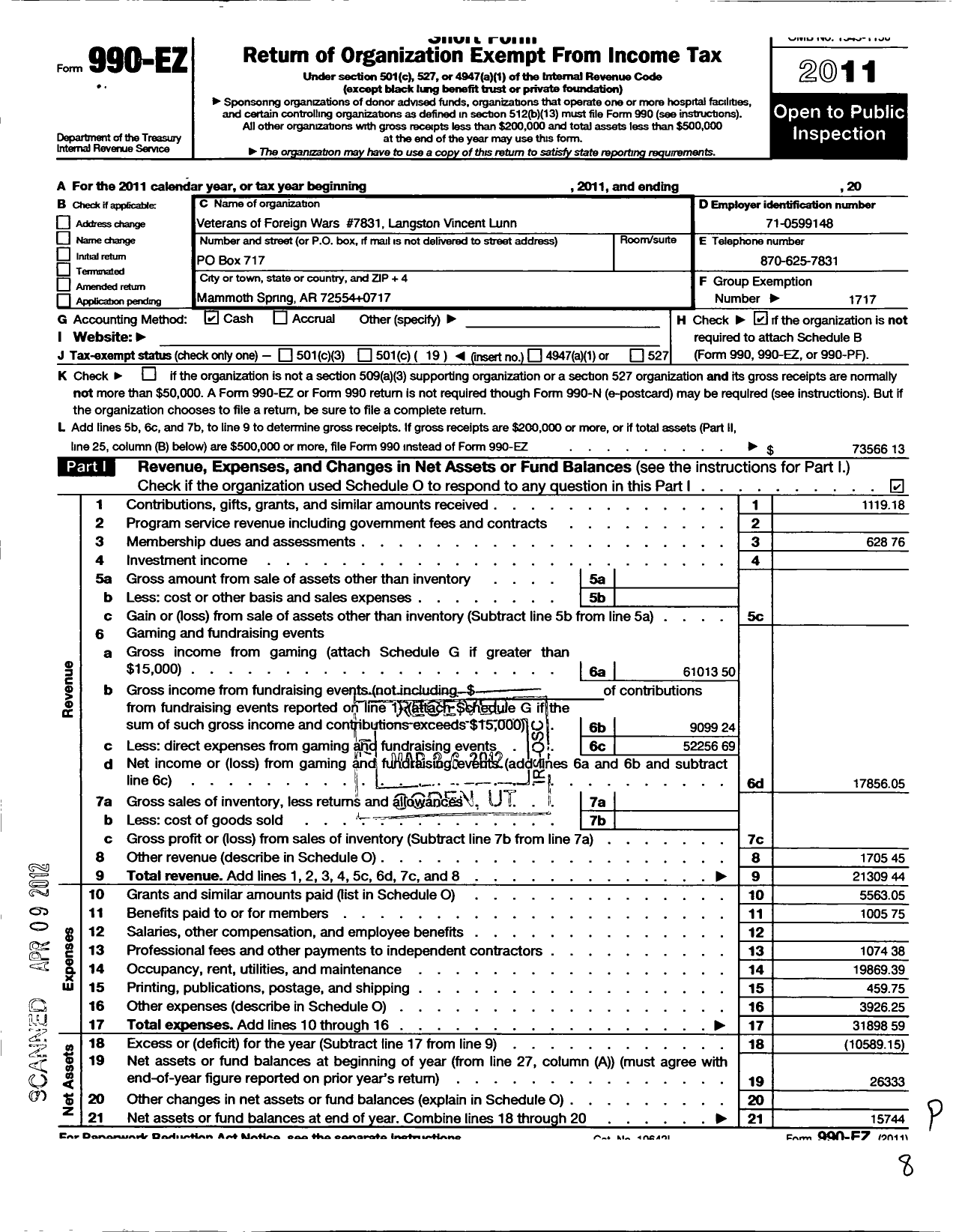 Image of first page of 2011 Form 990EO for Veterans of Foreign Wars Department of Arkansas - 7831 Langston Vincent Lunn