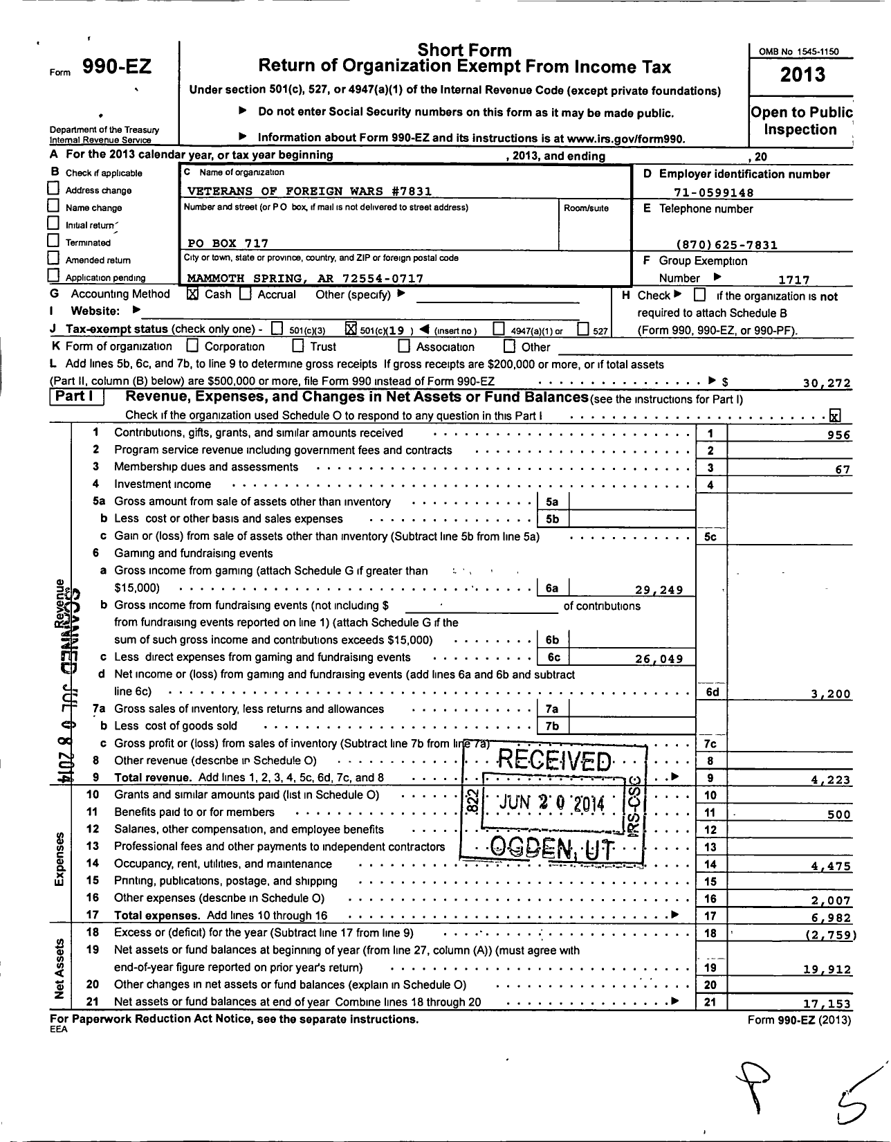 Image of first page of 2013 Form 990EO for Veterans of Foreign Wars Department of Arkansas - 7831 Langston Vincent Lunn