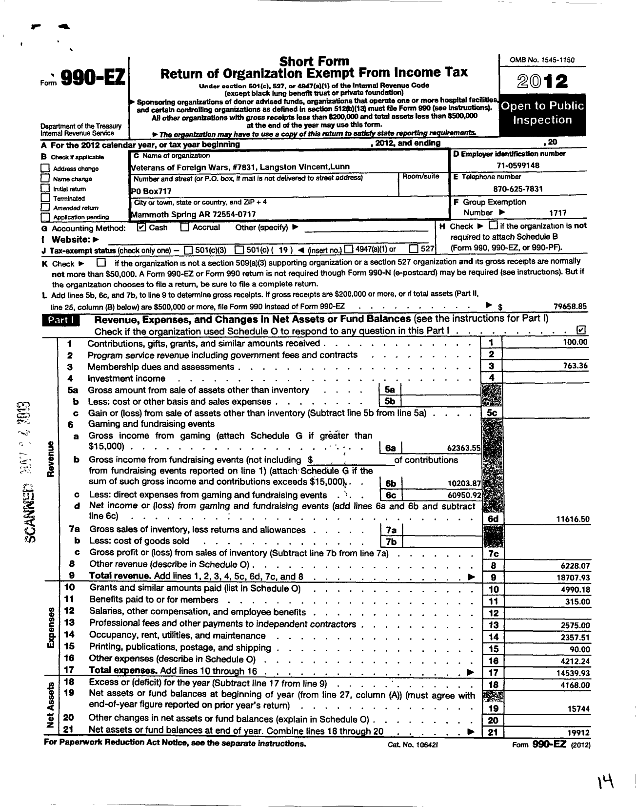 Image of first page of 2012 Form 990EO for Veterans of Foreign Wars Department of Arkansas - 7831 Langston Vincent Lunn