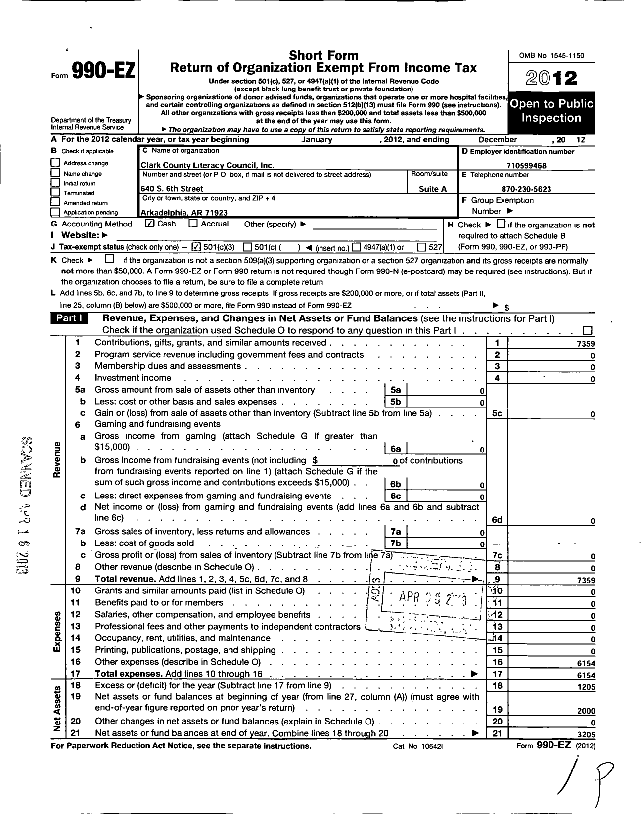 Image of first page of 2012 Form 990EZ for Clark County Literacy Council