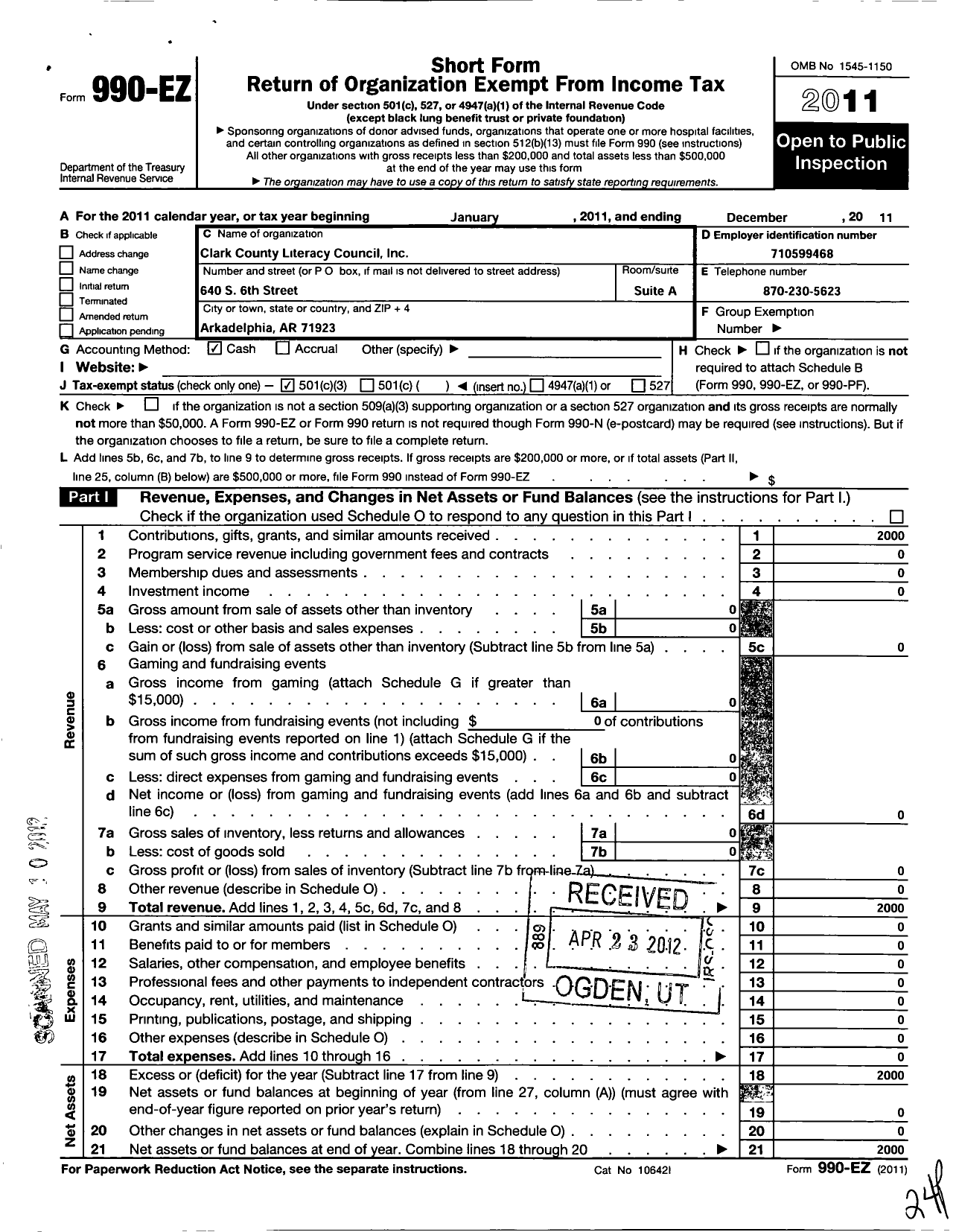 Image of first page of 2011 Form 990EZ for Clark County Literacy Council