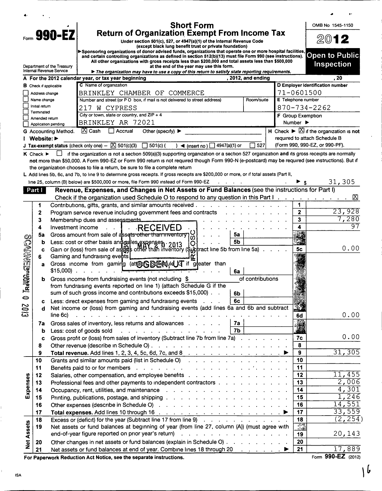 Image of first page of 2012 Form 990EZ for Brinkley Chamber of Commerce