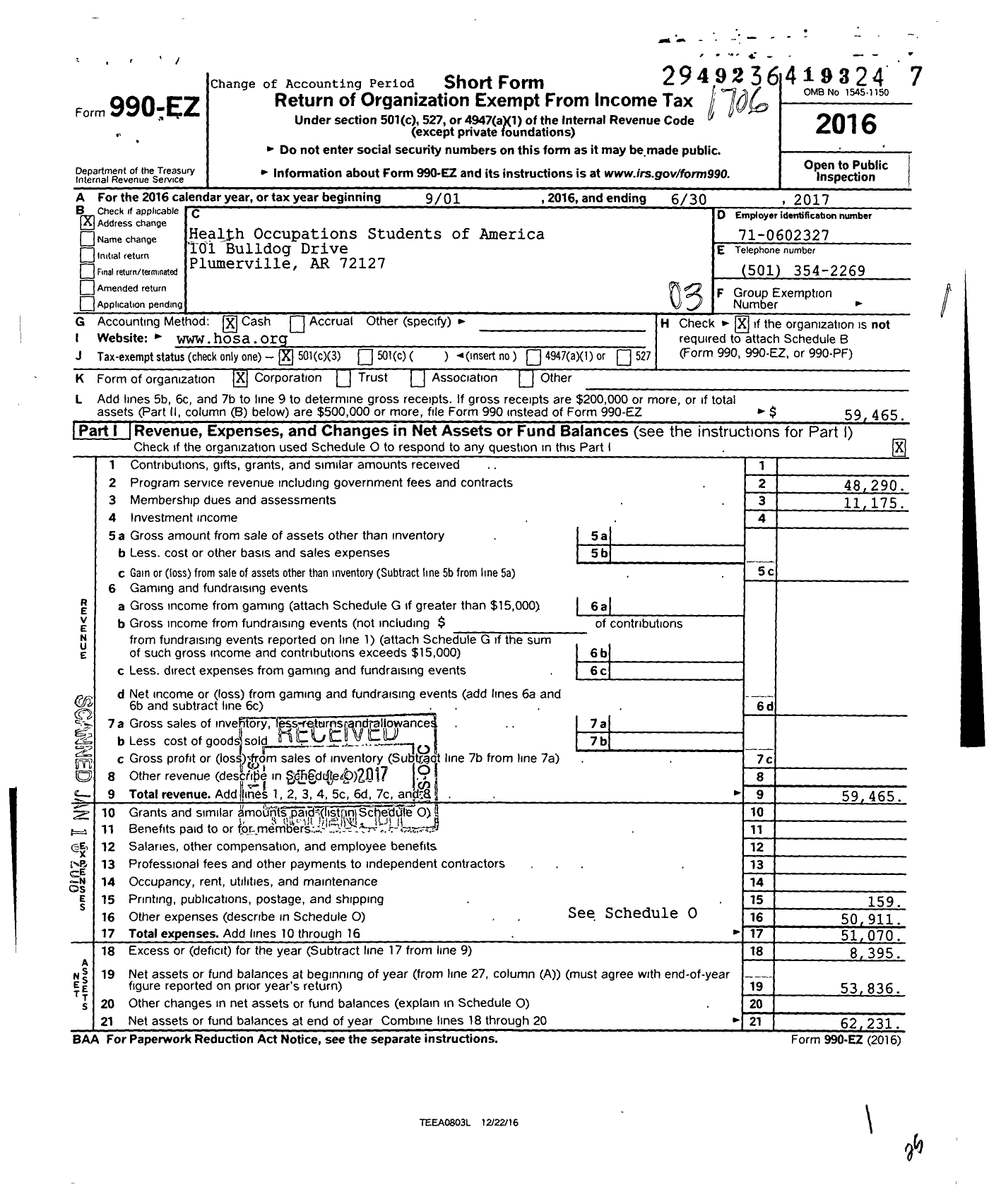 Image of first page of 2016 Form 990EZ for Health Occupations Students of America / Arkansas