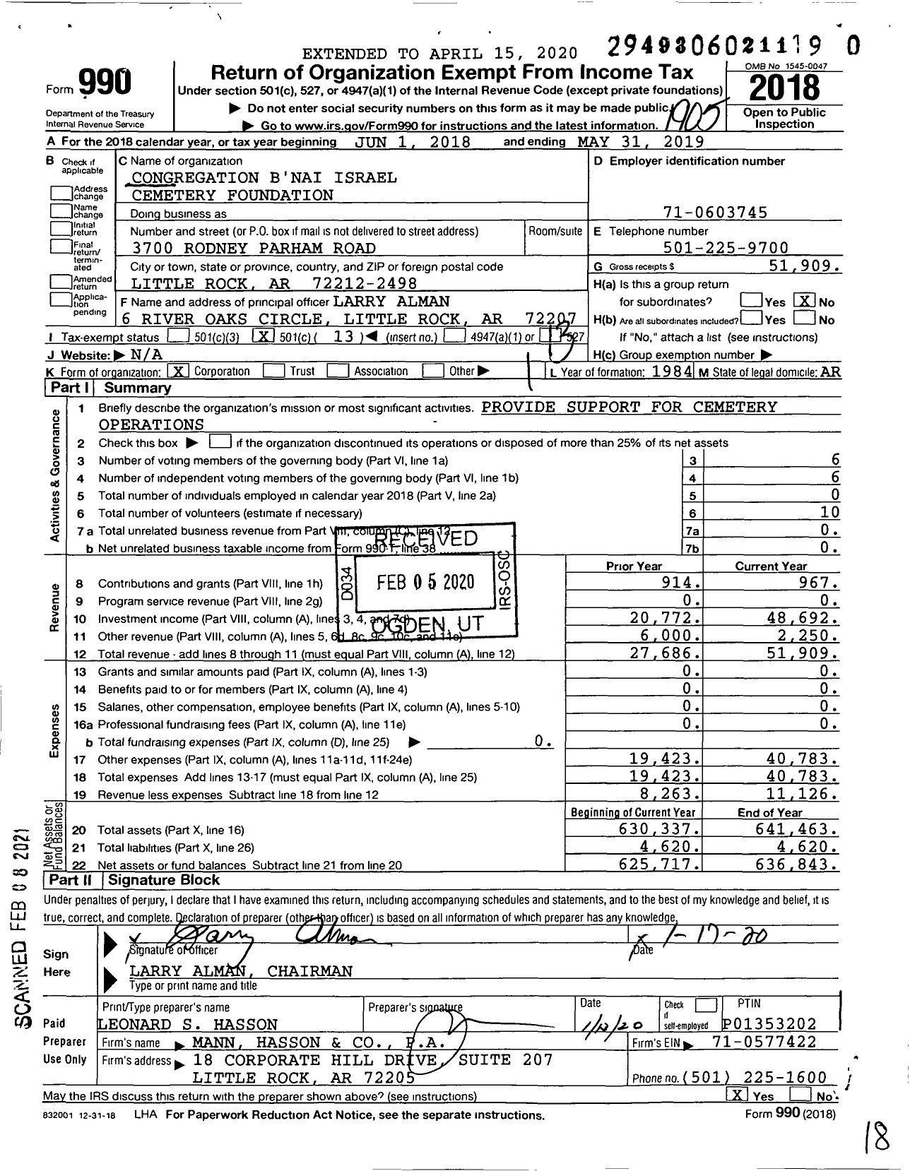 Image of first page of 2018 Form 990O for Congregation B'nai Israel Cemetery Foundation