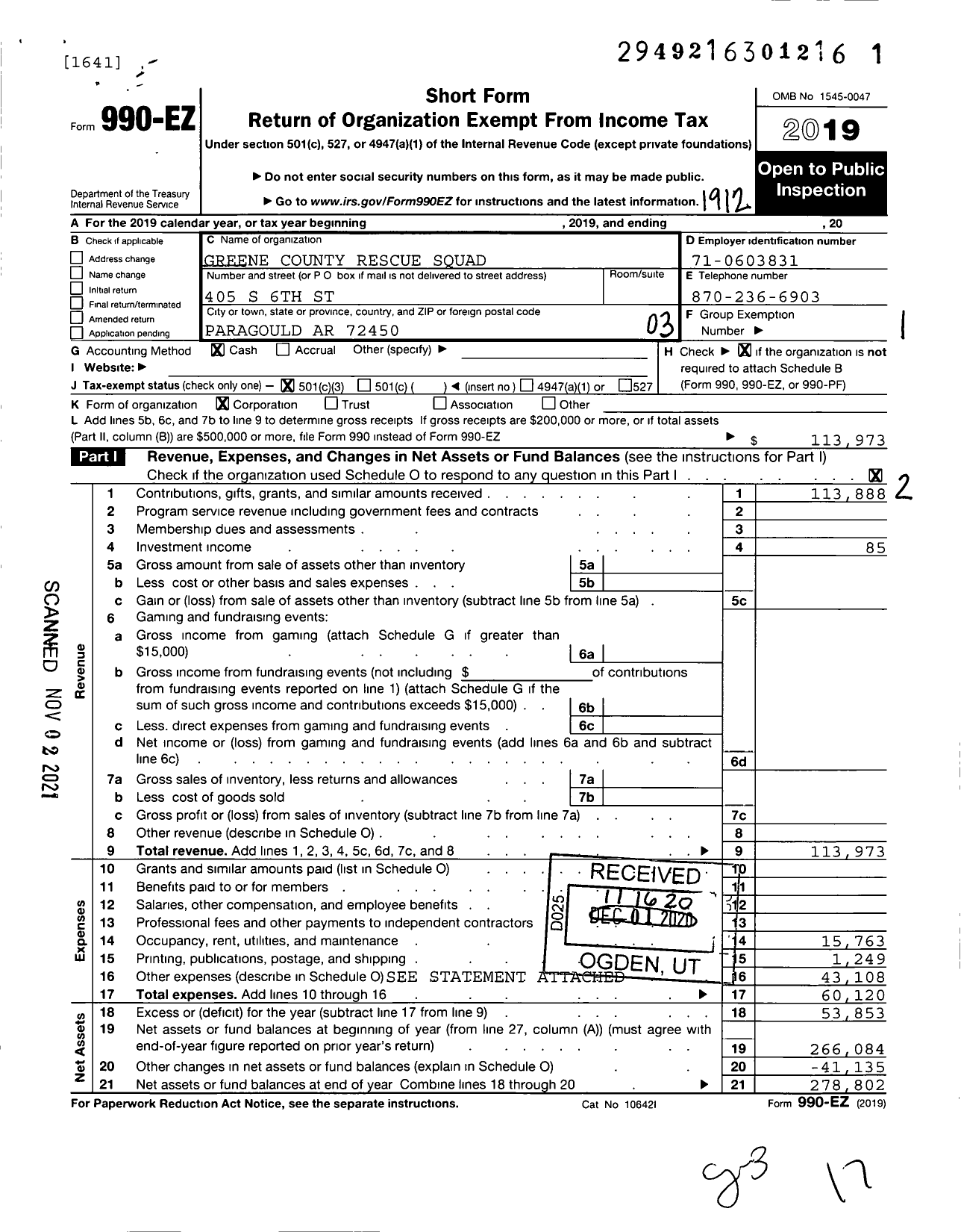 Image of first page of 2019 Form 990EZ for Greene County Emergency Rescue Squad