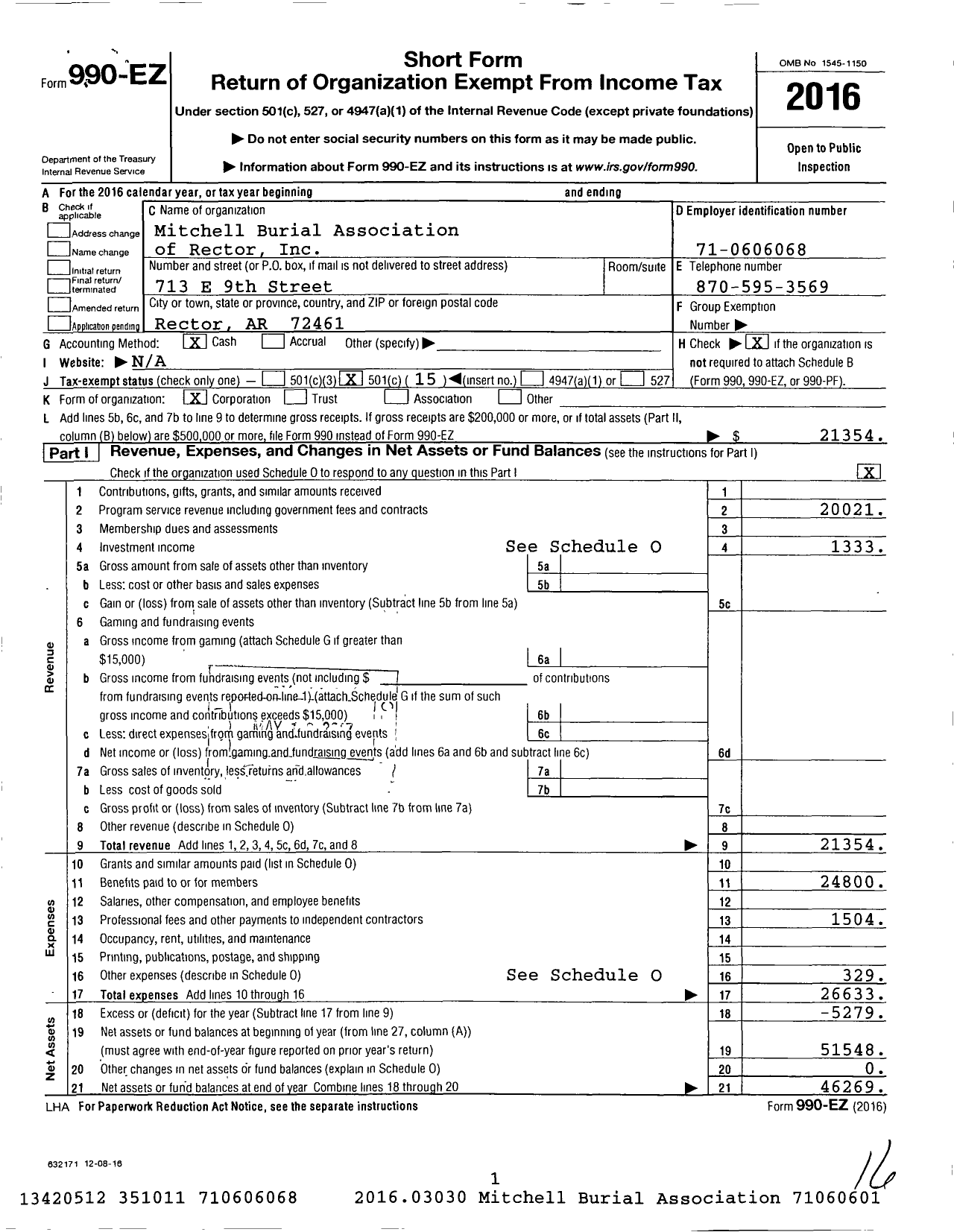 Image of first page of 2016 Form 990EO for Mitchell Burial Association of Rector