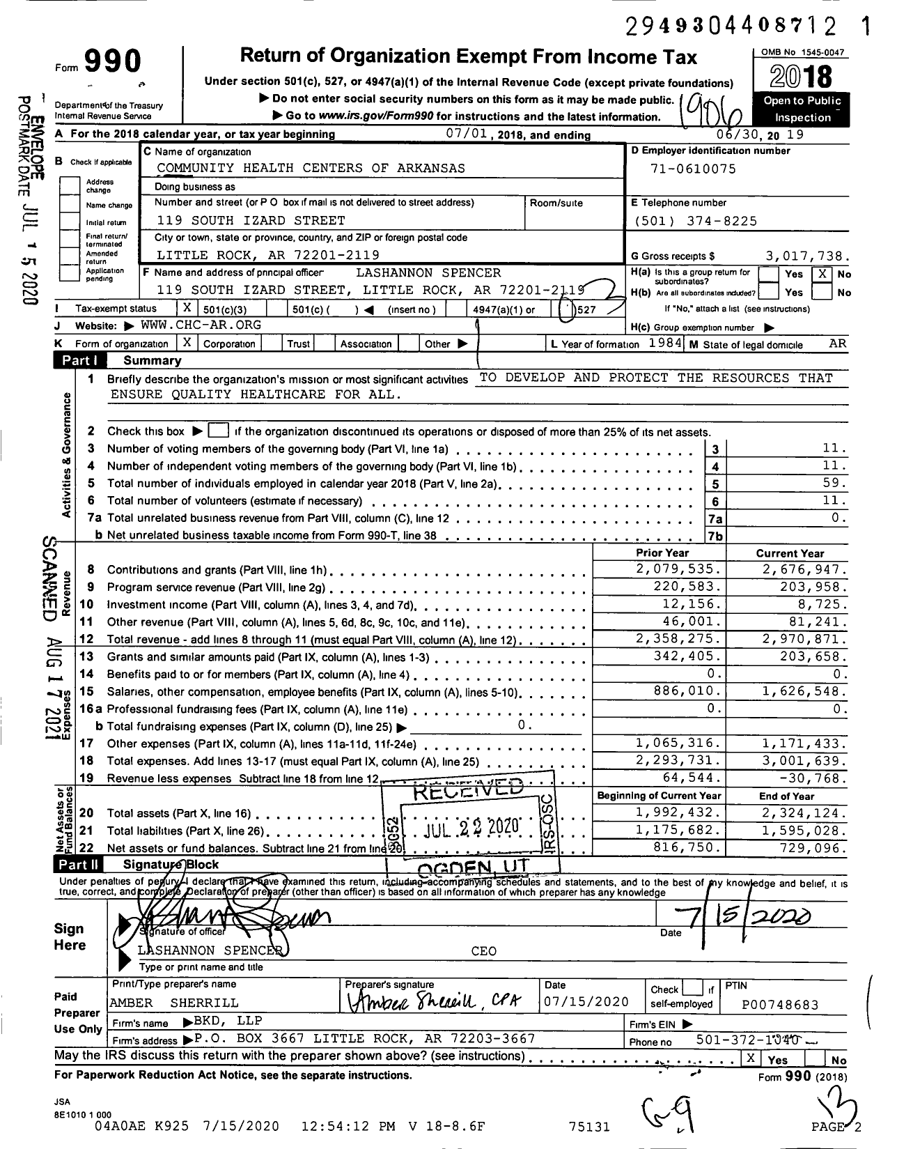 Image of first page of 2018 Form 990 for Community Health Centers of Arkansas (CHCA)