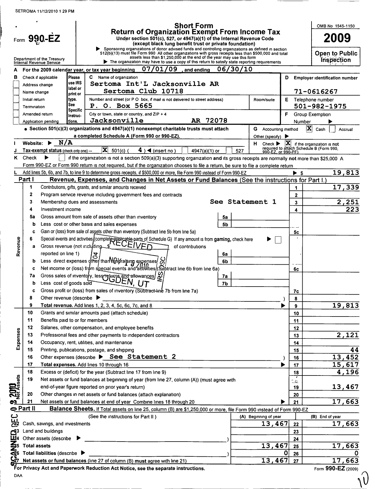 Image of first page of 2009 Form 990EO for Sertoma - 10218 Jacksonville Sertoma Club