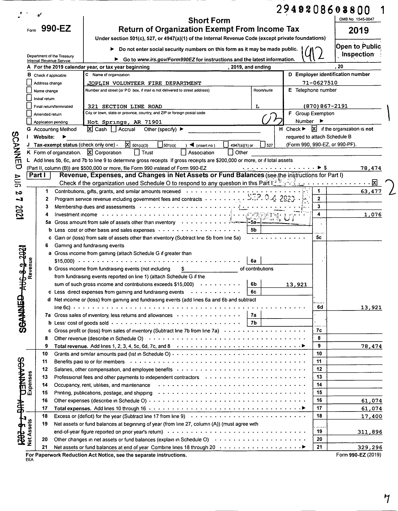 Image of first page of 2019 Form 990EZ for Joplin Volunteer Fire Department