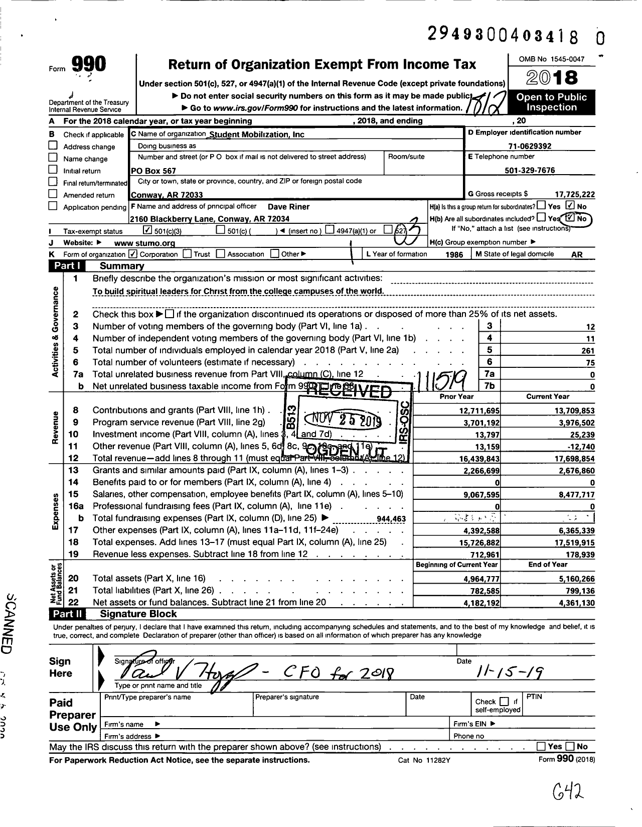 Image of first page of 2018 Form 990 for Student Mobilization (STUMO)