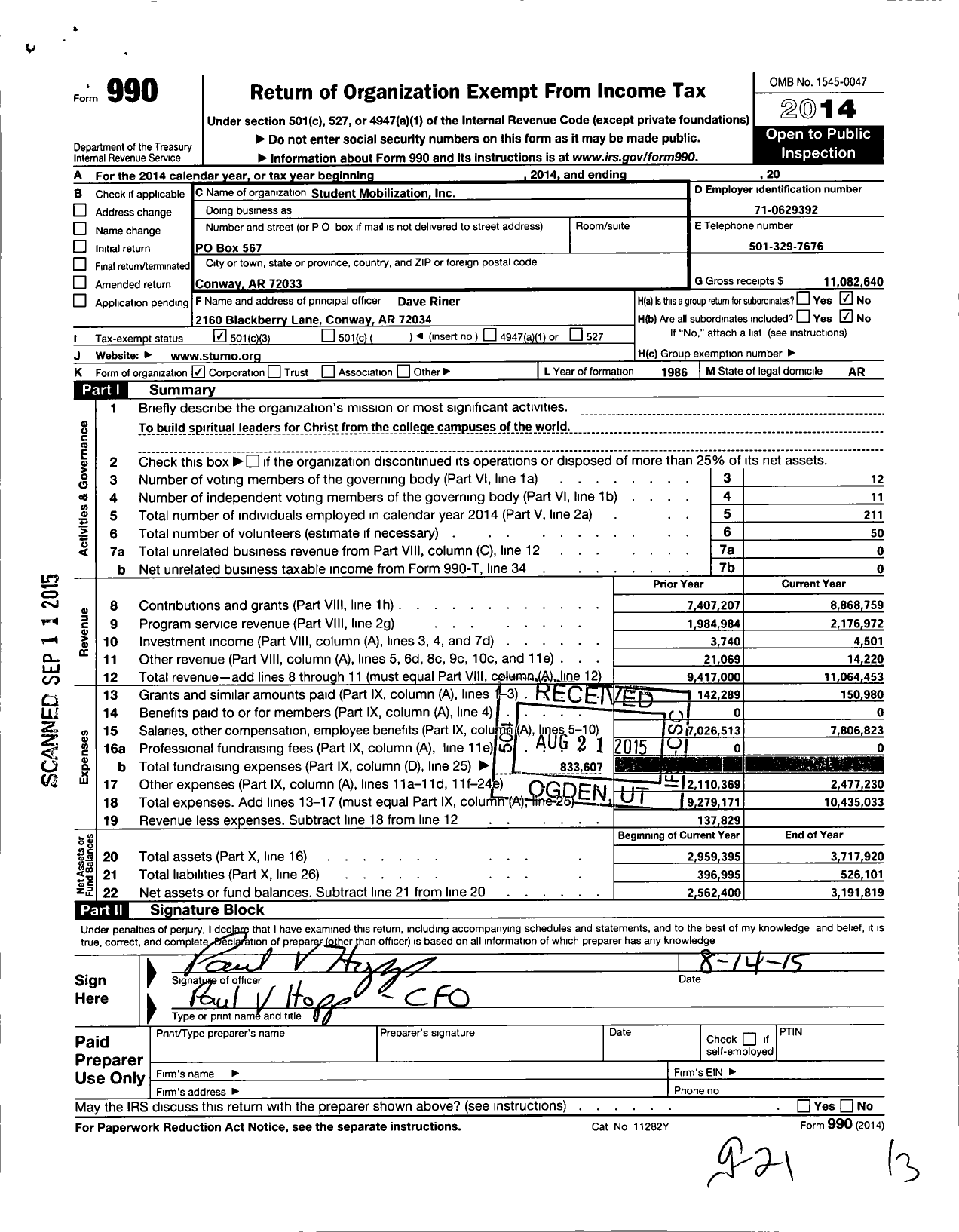 Image of first page of 2014 Form 990 for Student Mobilization (STUMO)