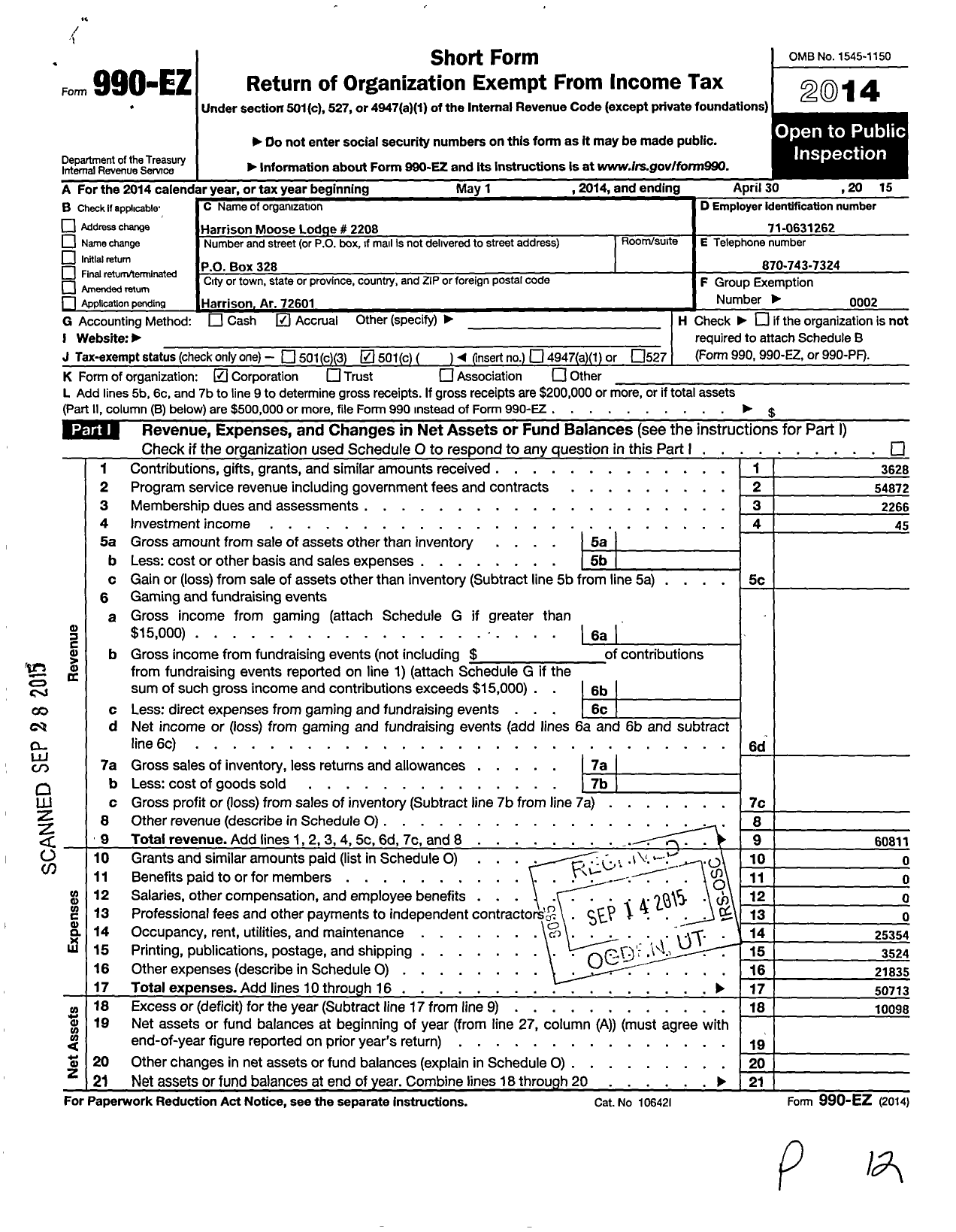 Image of first page of 2014 Form 990EO for Loyal Order of Moose - 2208